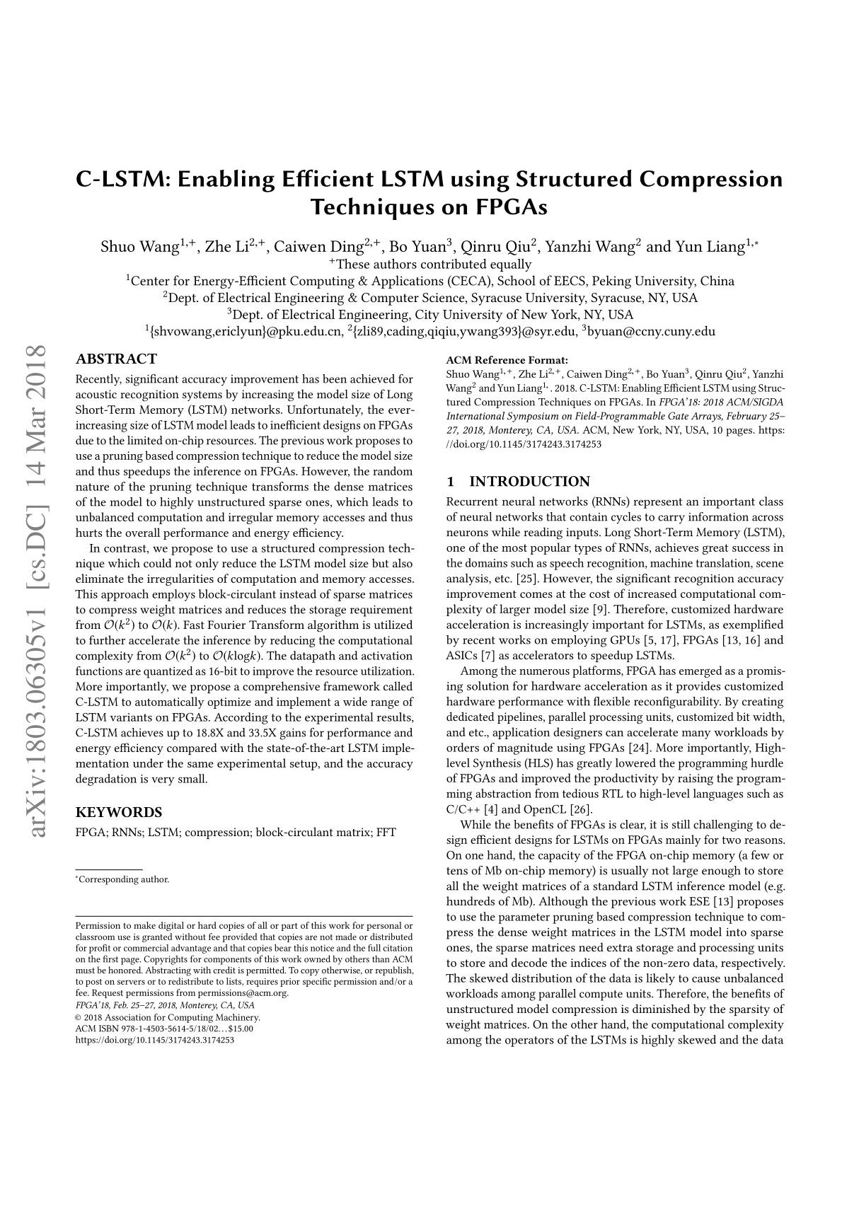 C-LSTM  Enabling Efficient LSTM using Structured Compression Techniques on FPGAs