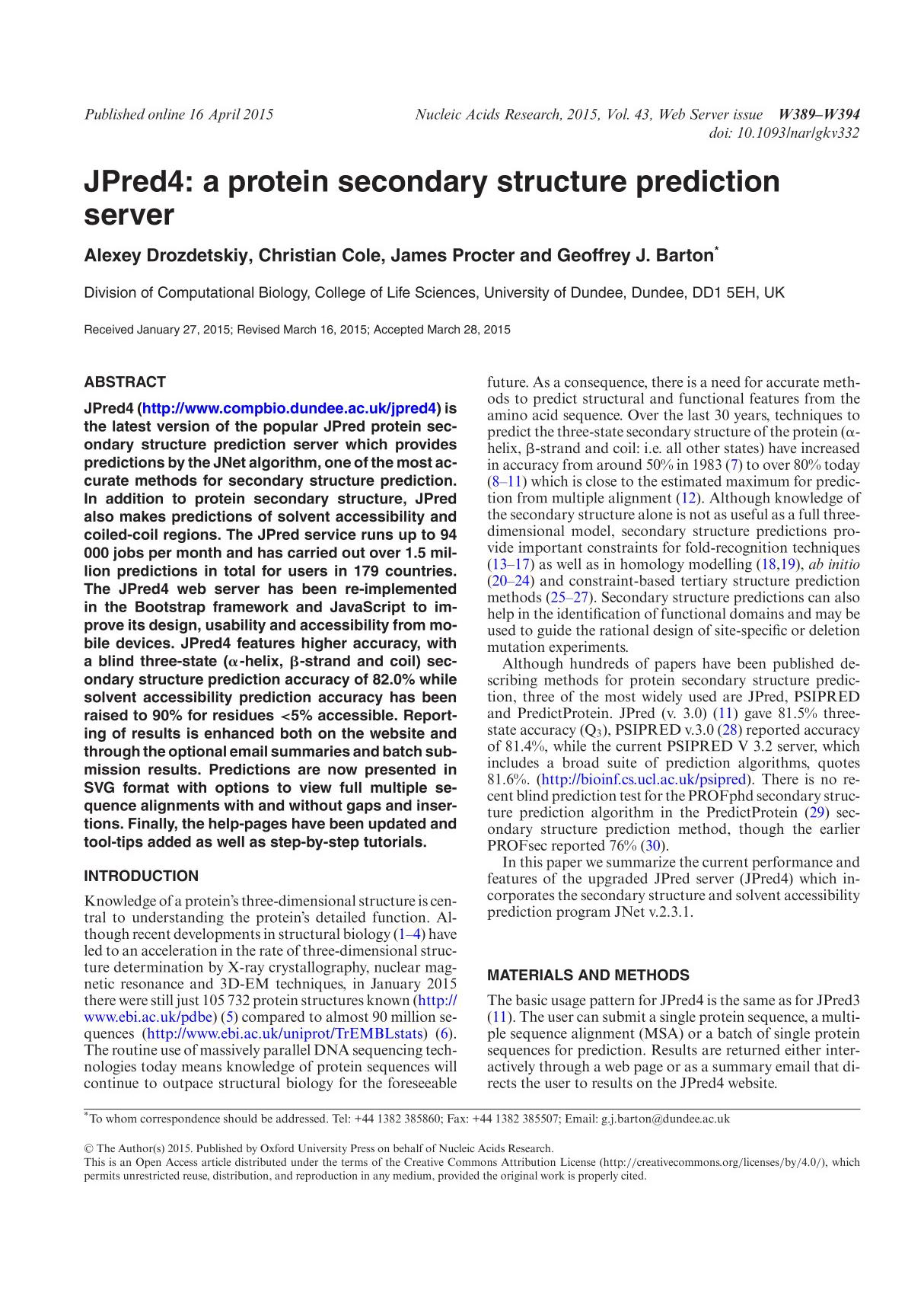 JPred4 a protein secondary structure prediction server