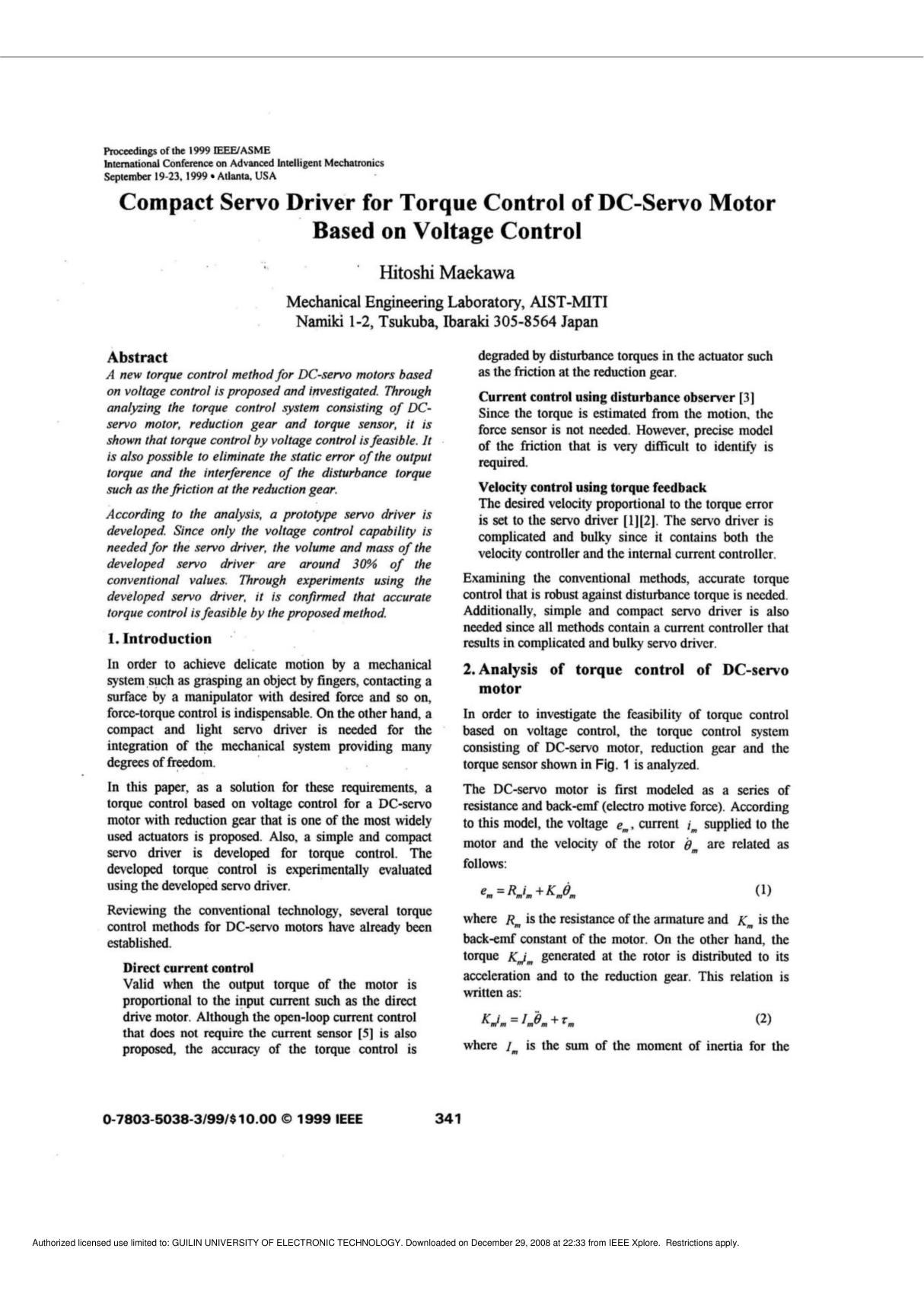 Compact servo driver for torque control of DC-servo motor based onvoltage control