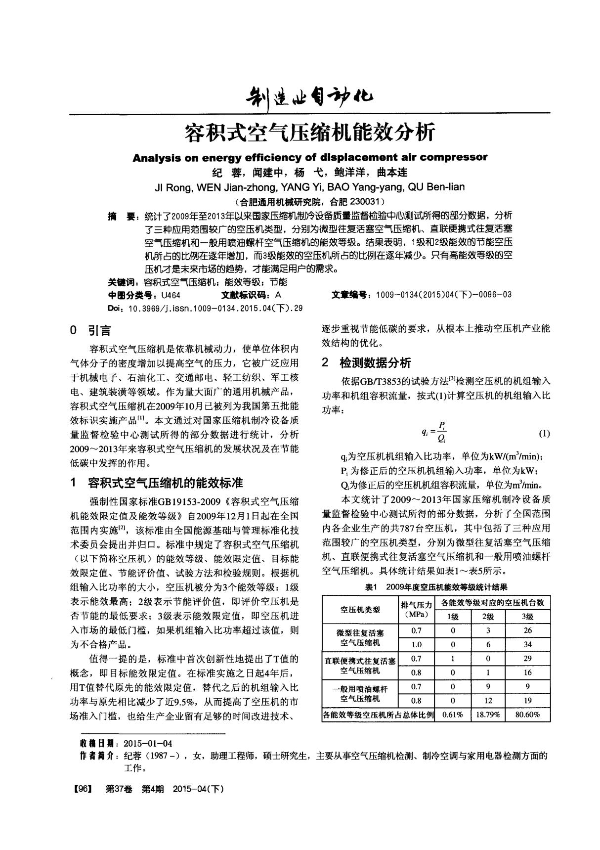 容积式空气压缩机能效分析