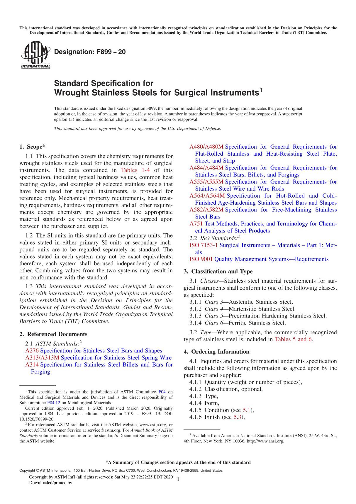 ASTM F899-20 Standard Specification for Wrought Stainless Steels for Surgical Instruments