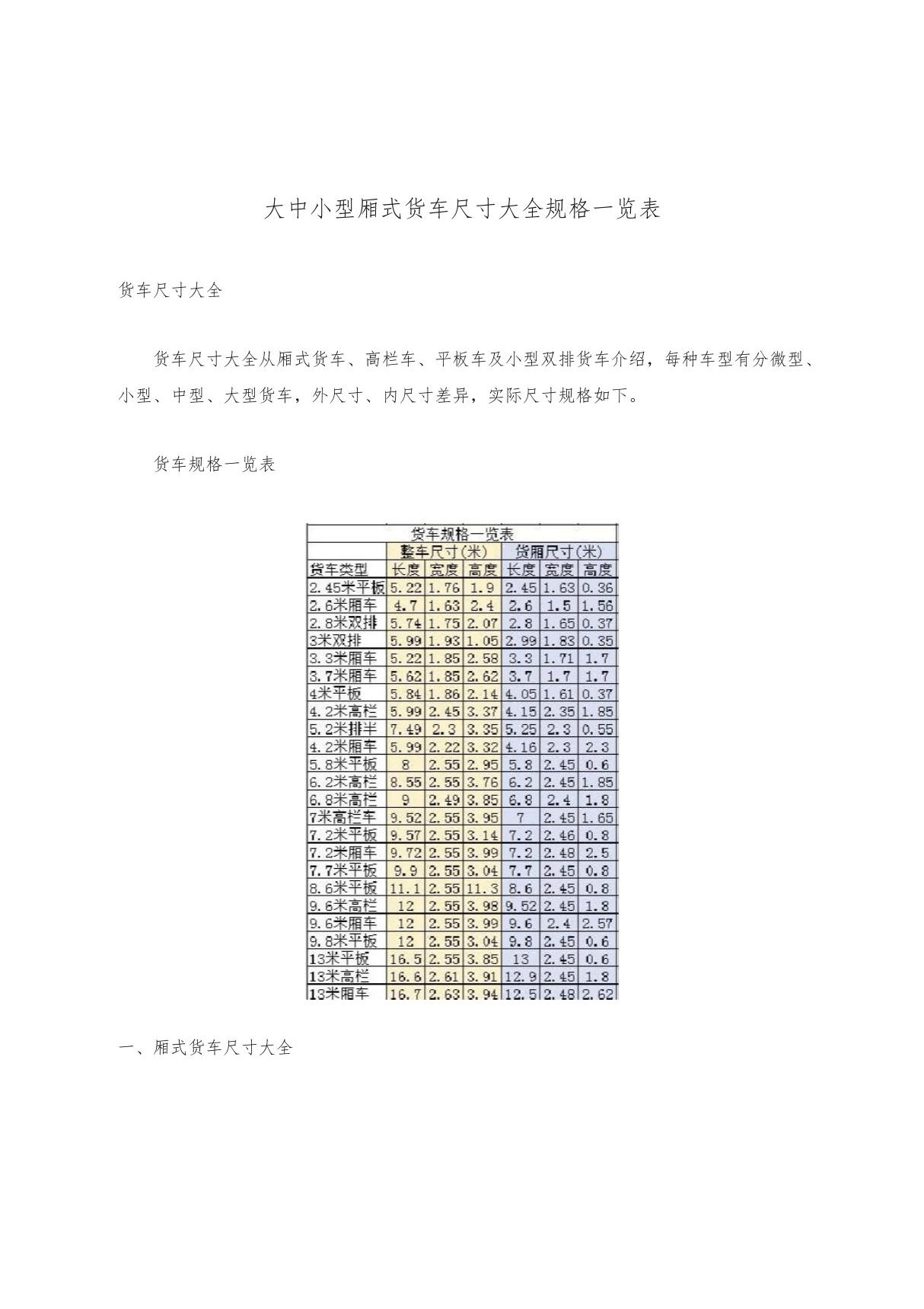 大中小型厢式货车尺寸大全规格一览表