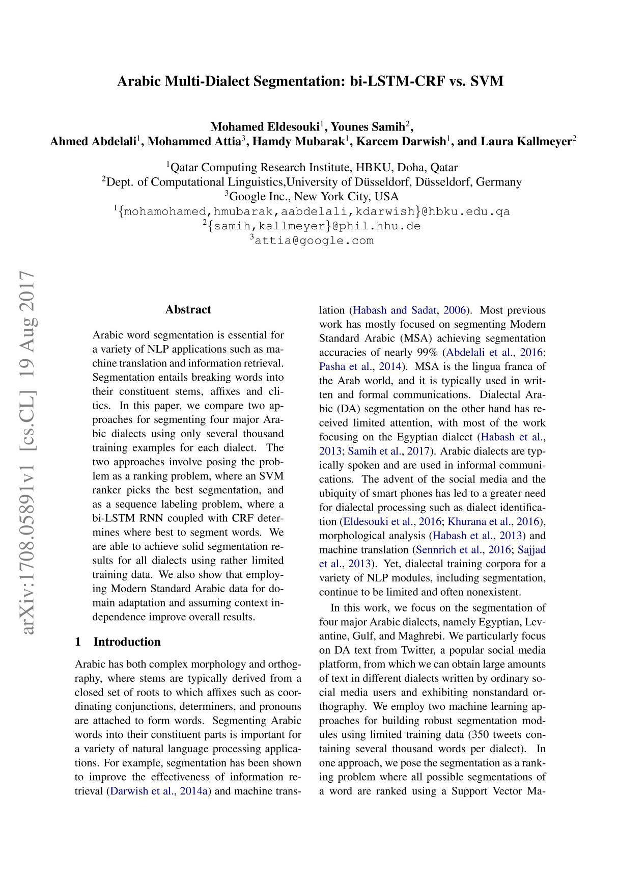 Arabic Multi-Dialect Segmentation  bi-LSTM-CRF vs. SVM