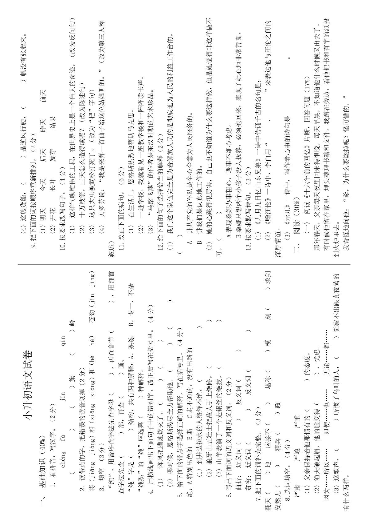 (北师大版)小升初语文模拟试卷