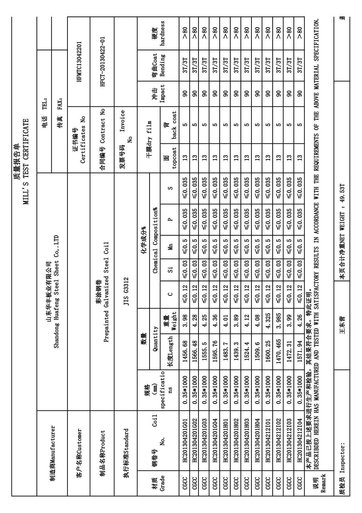 质量报告单 MILL'S TEST CERTIFICATE