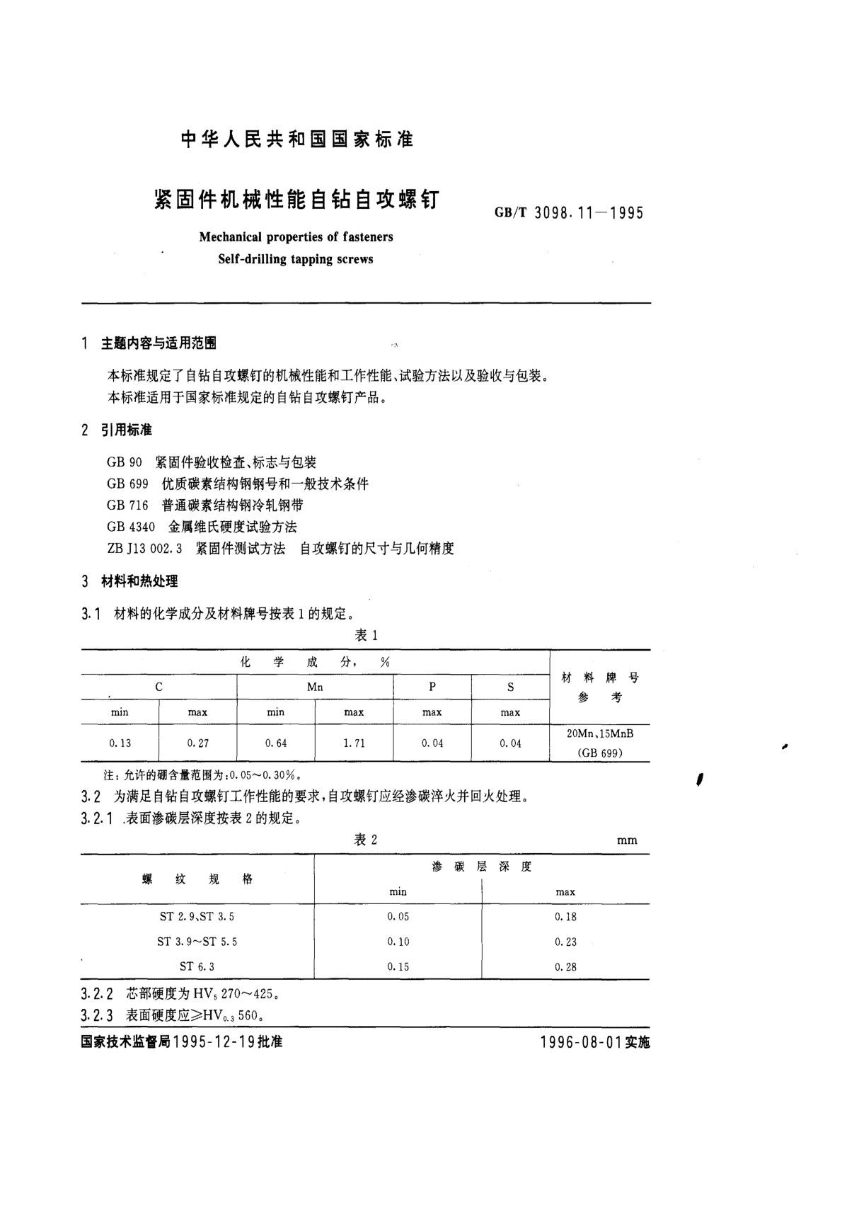 GB-T3098.11-1995 紧固件机械性能 自钻自攻螺钉 标准