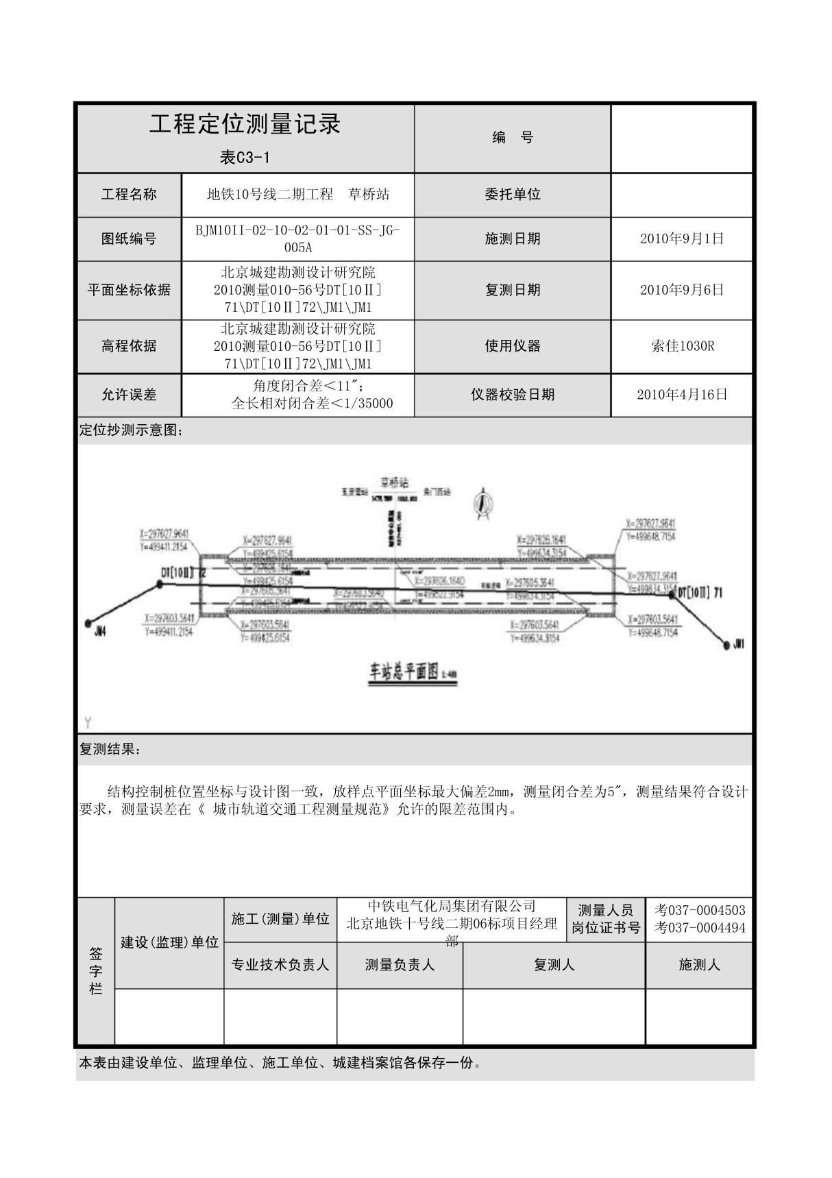 工程定位测量记录填写范例