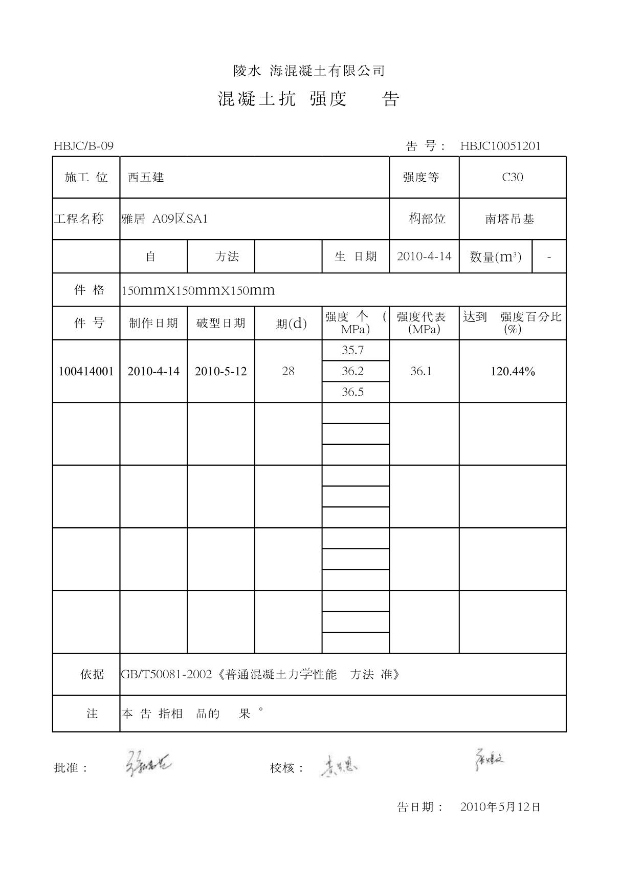 混凝土试块28天强度检测报告