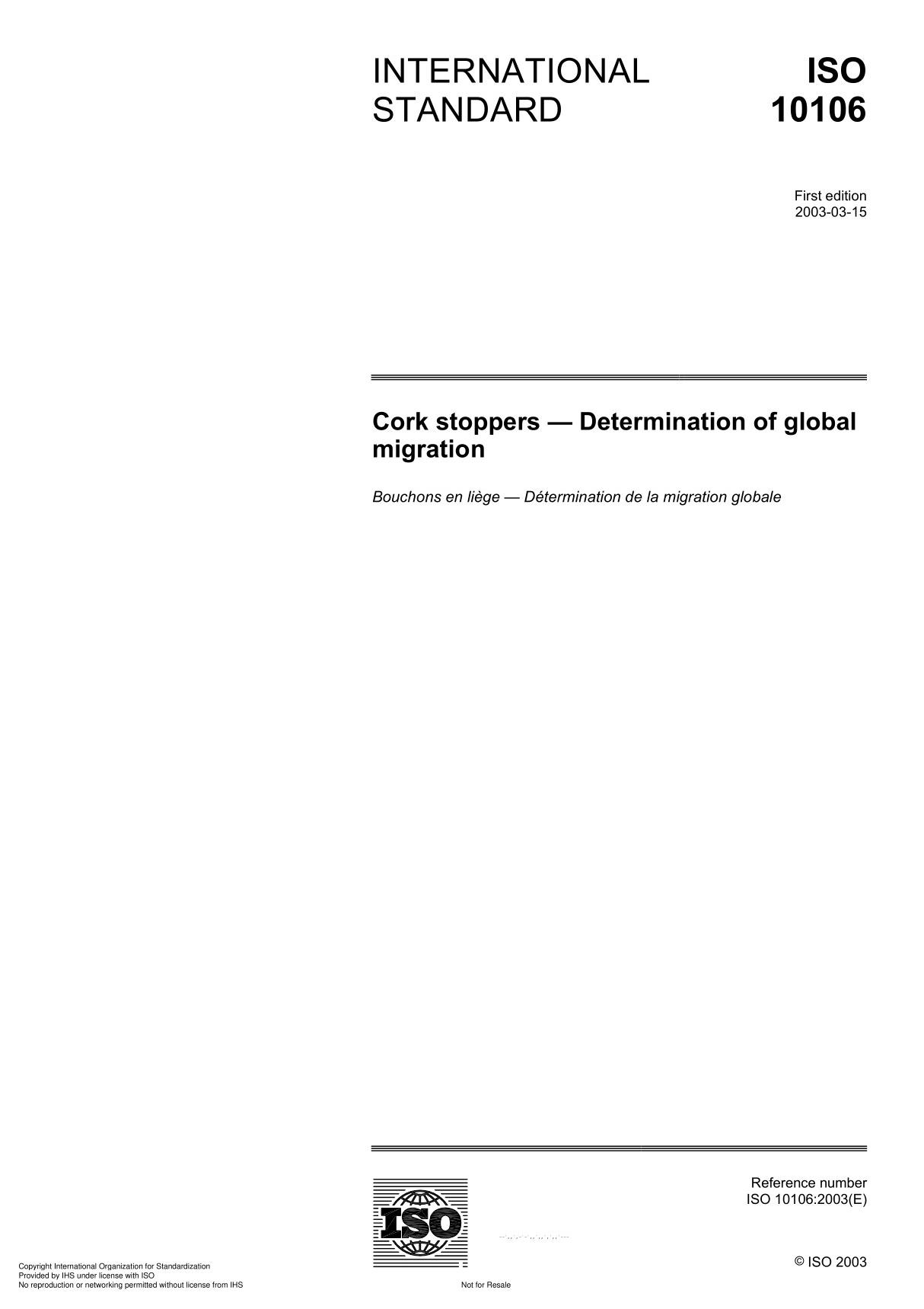 ISO 10106 Cork stoppers  Determination of global migration