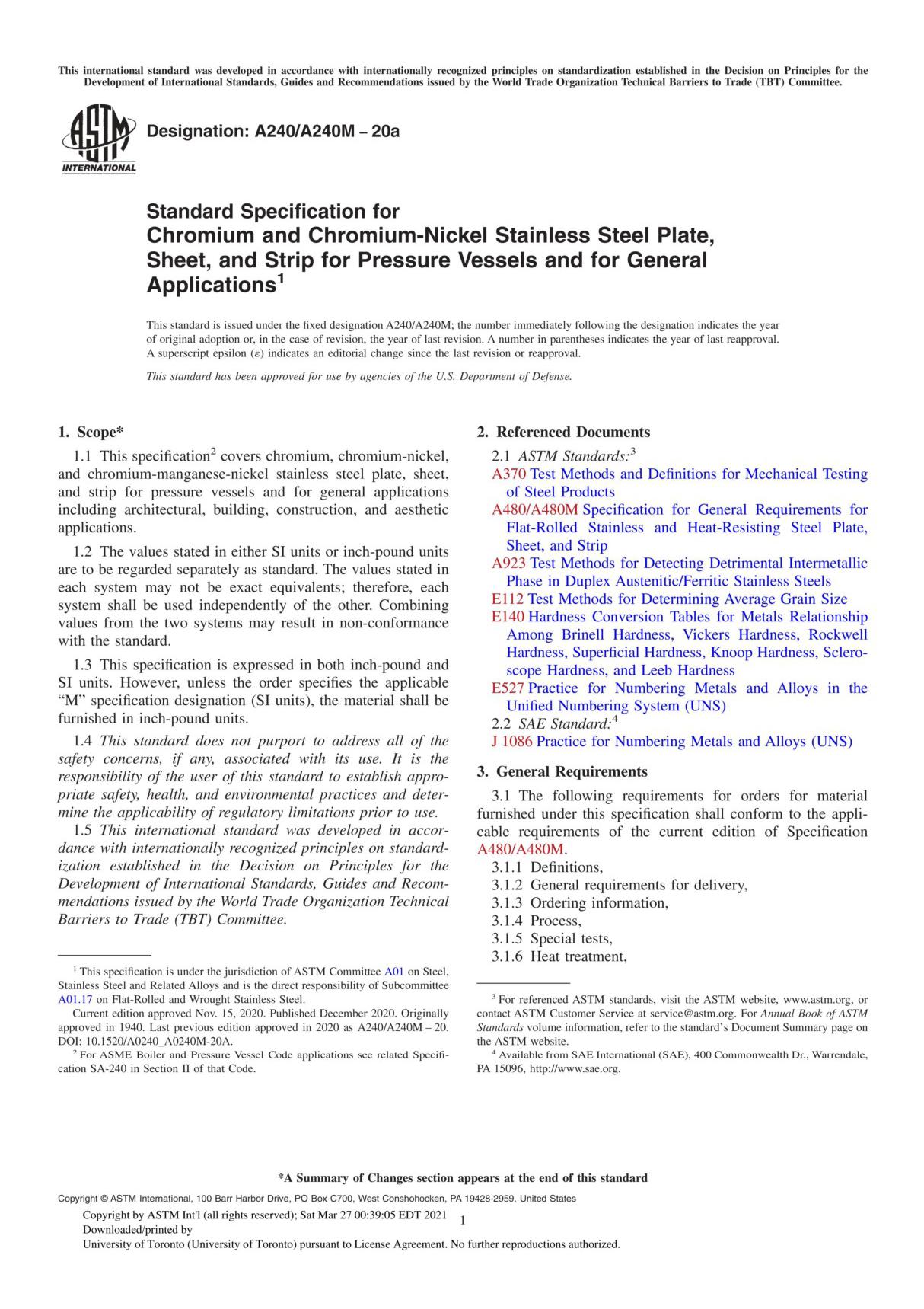 ASTM A240 A240M-20a 压力容器和一般用途用铬及铬-镍不锈钢钢板  薄板和钢带标准技术条件(英文 中文合订)