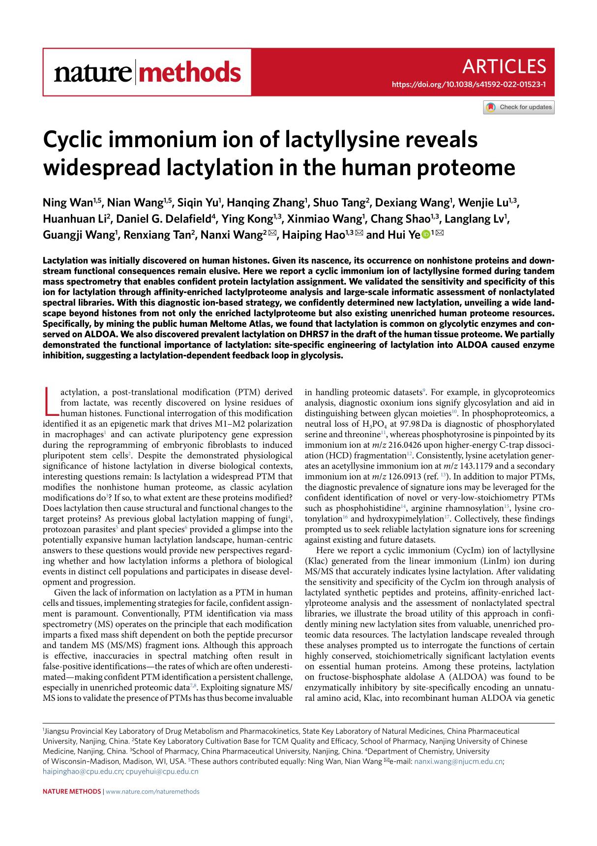 Cyclic immonium ion of lactyllysine reveals widespread lactylation in the human proteome