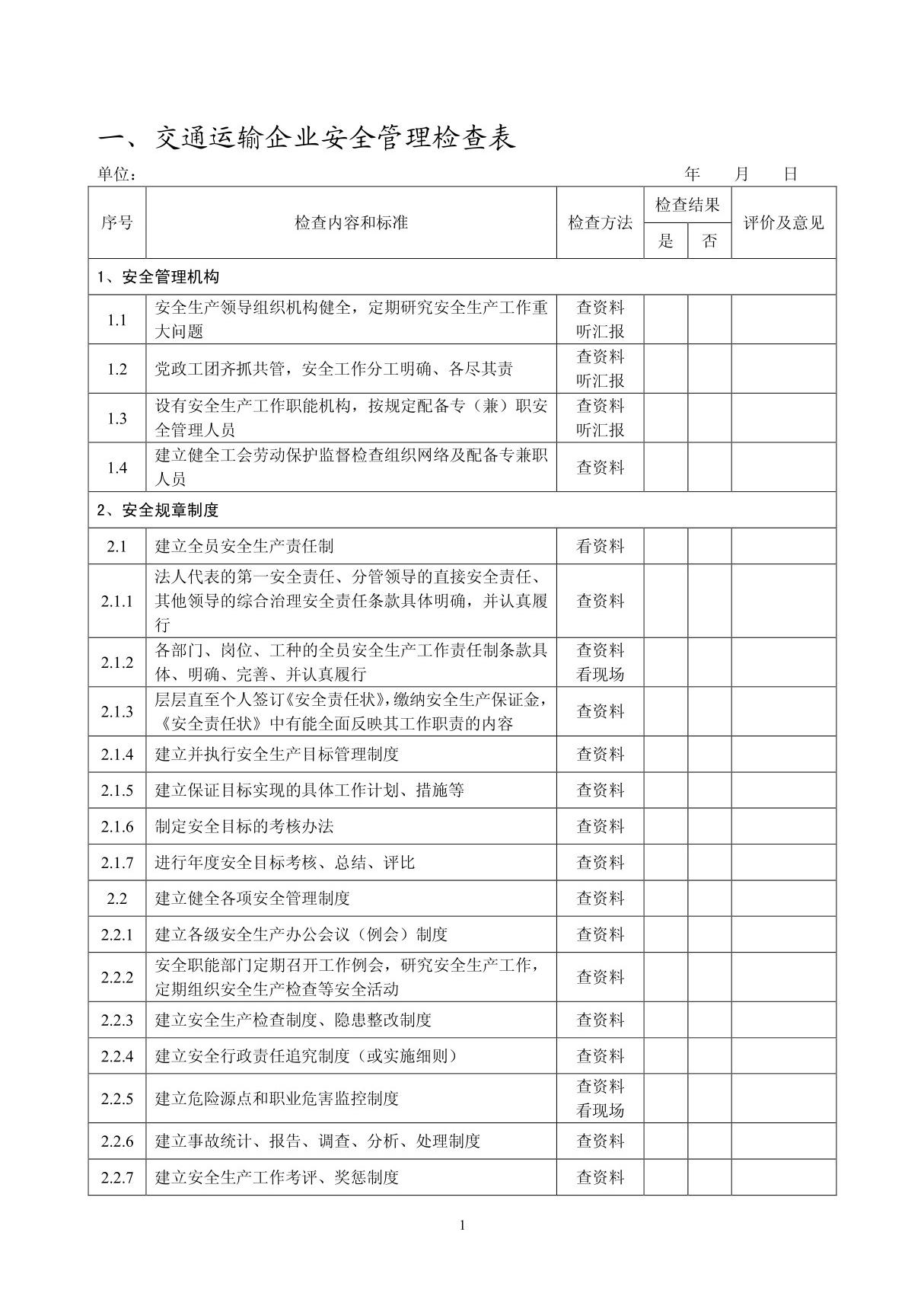 一 交通运输企业安全管理检查表