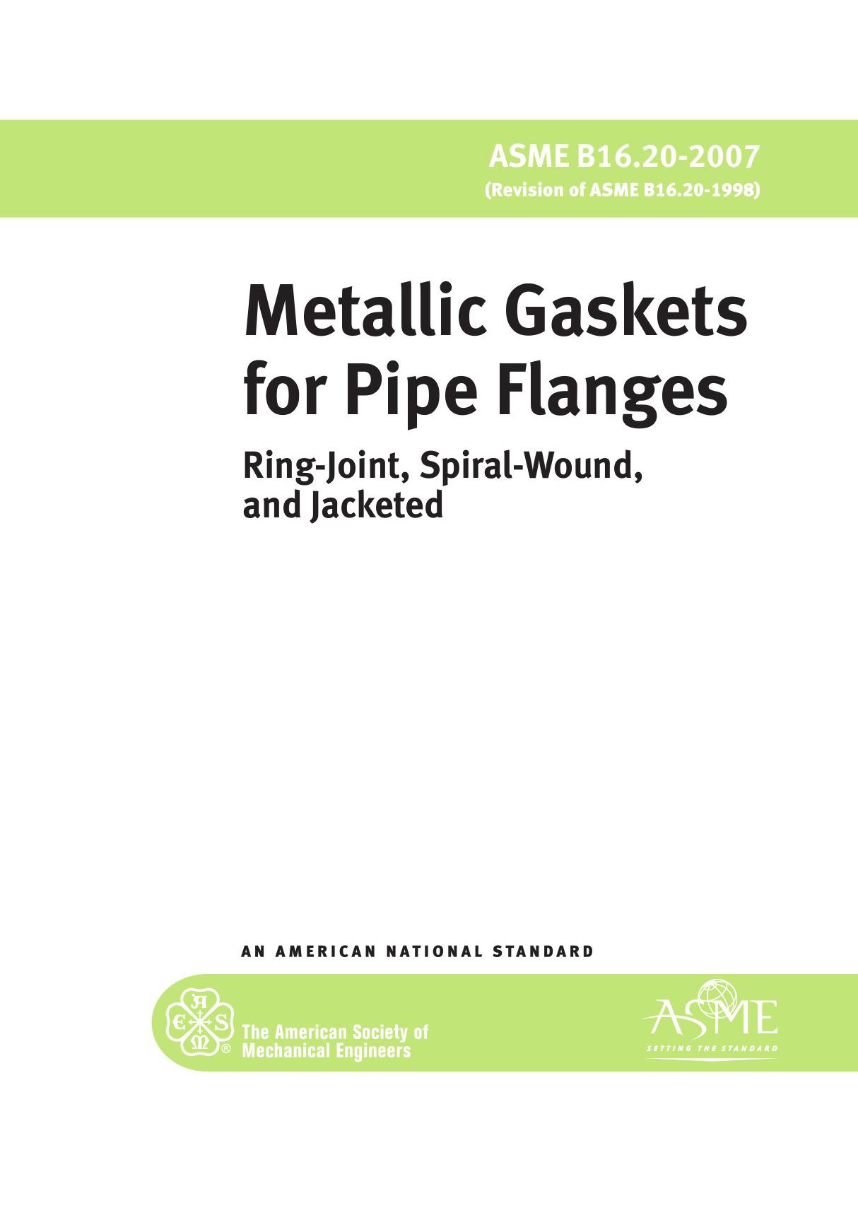 ASME B16.20-2007 管法兰用环垫式 螺旋缠绕式和夹层式金属垫片-法兰技术标准规范