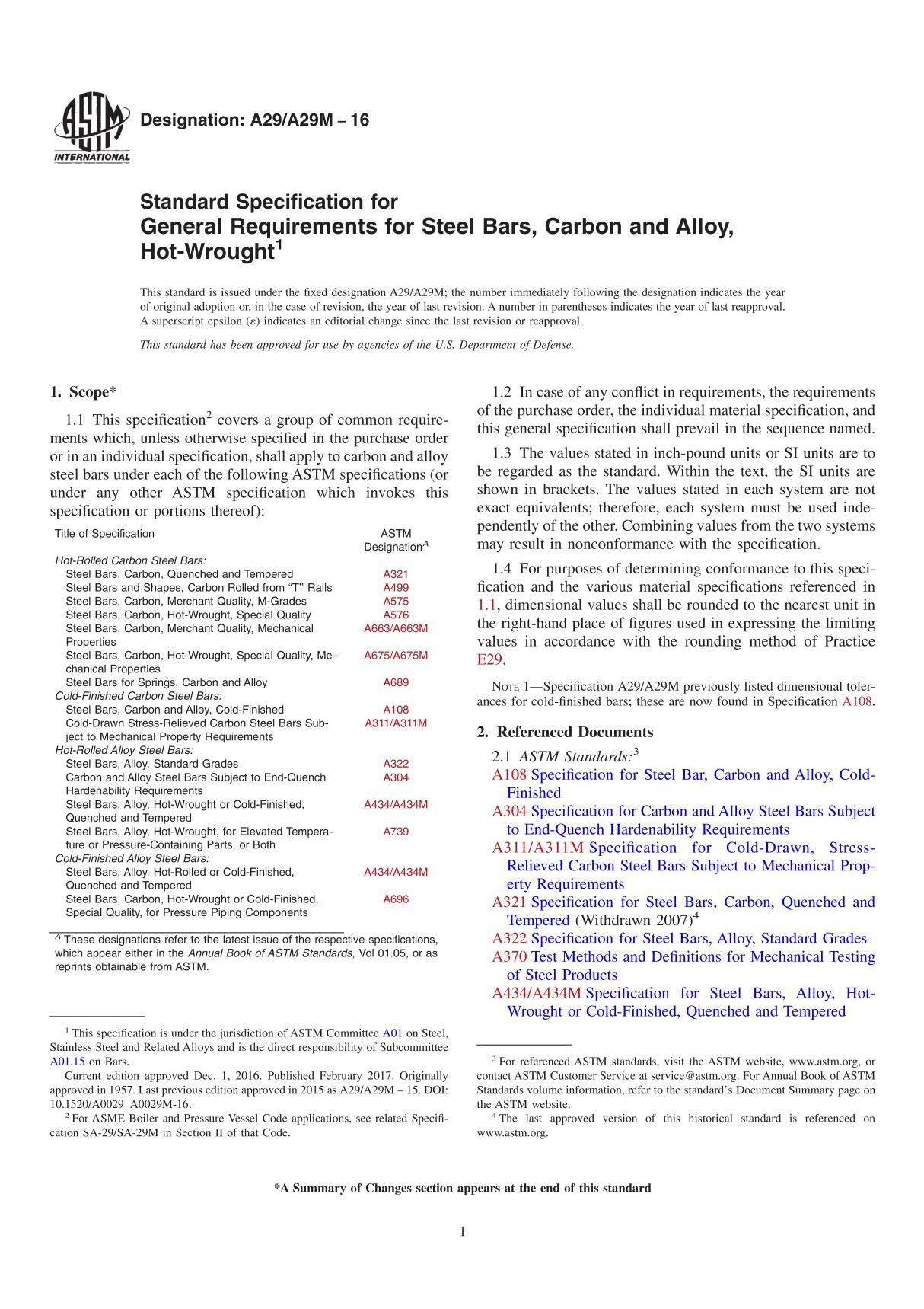 ASTM A29 A29M-16 热锻碳素钢和合金钢棒材一般要求标准规范(中 英文合订)