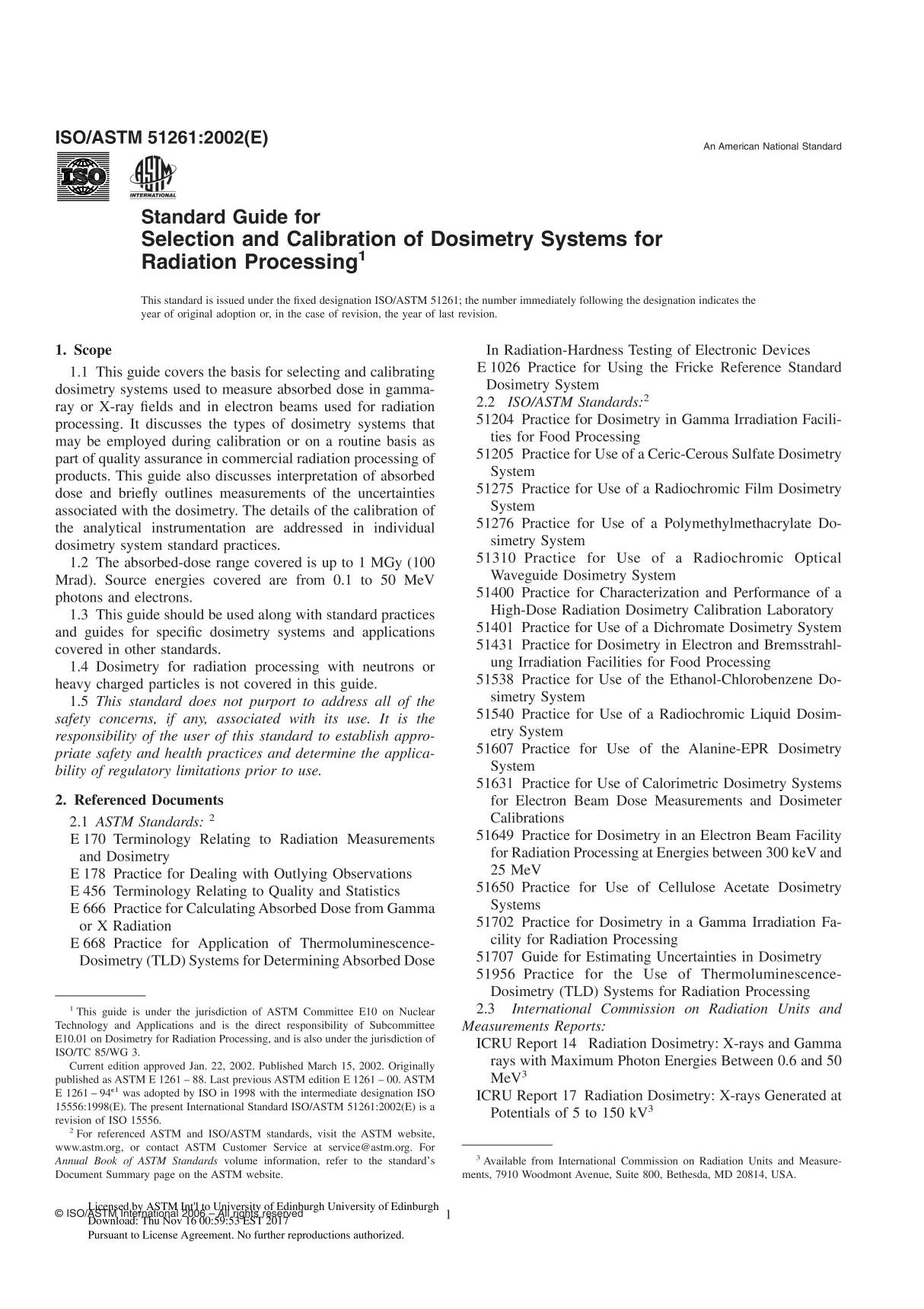 ASTM ISO ASTM51261 - 02 Standard Guide for Selection and Calibration of Dosimetry Systems for Radiation Processing