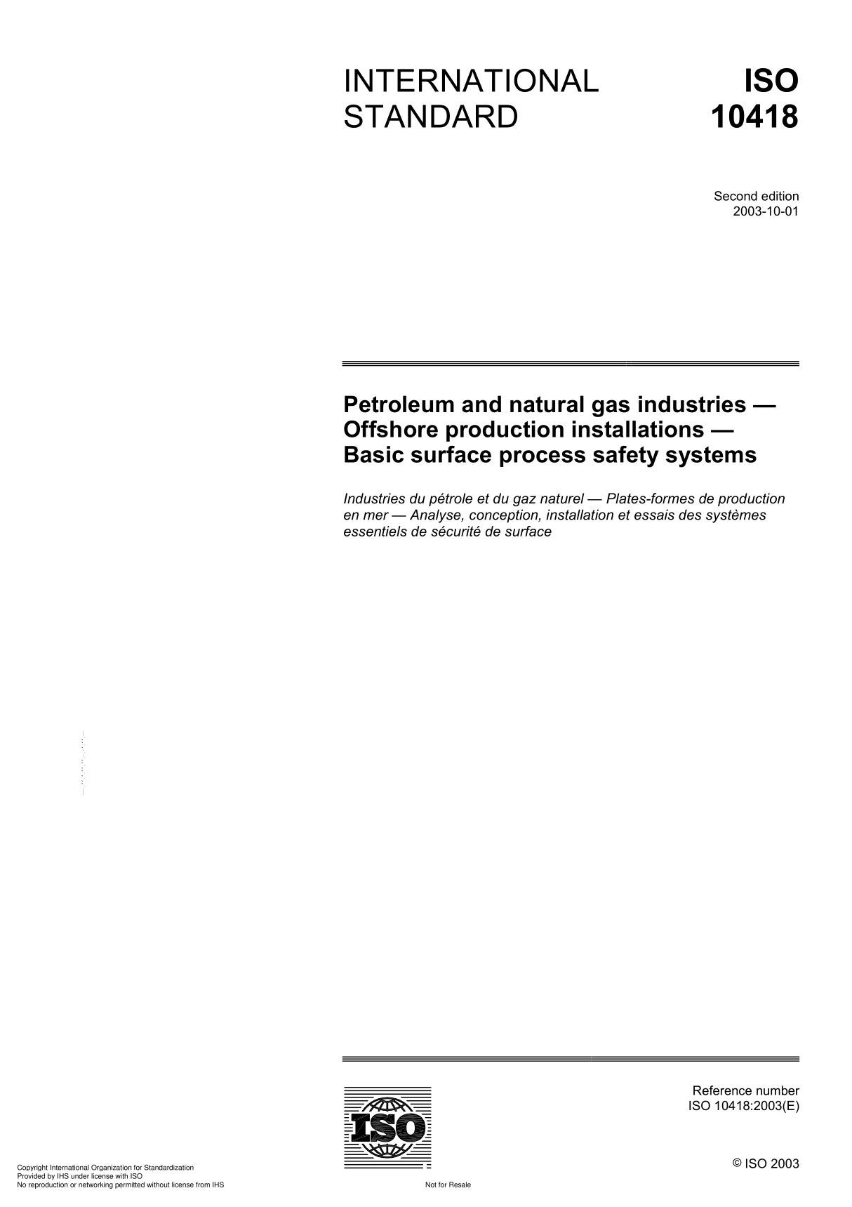 ISO 10418 Petroleum and natural gas industries  Offshore production installations  Basic surface process safety system