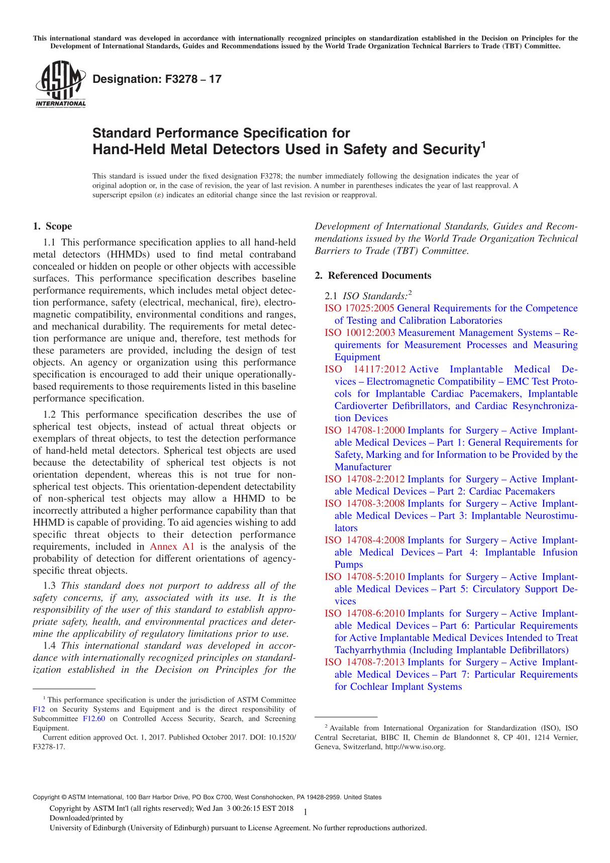 ASTM F3278-17 Standard Performance Specification for Hand-Held Metal Detectors Used in Safety and Security