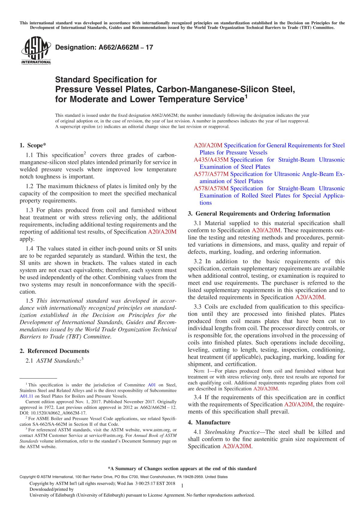 ASTM A662 A662M-17 Standard Specification for Pressure Vessel Plates, Carbon-Manganese-Silicon Steel, for Moderate and Lower Tem