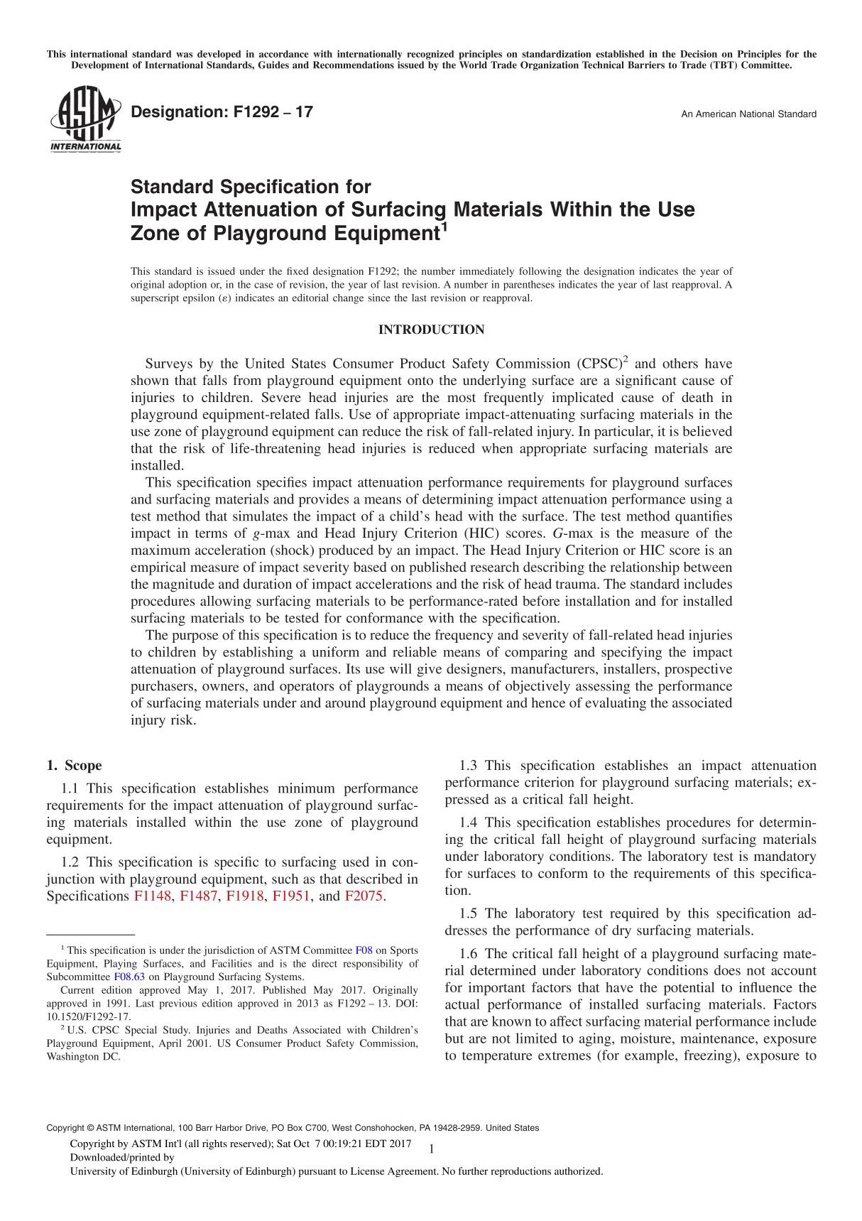 ASTM F1292-17 Standard Specification for Impact Attenuation of Surfacing Materials Within the Use Zone of Playground Equipment