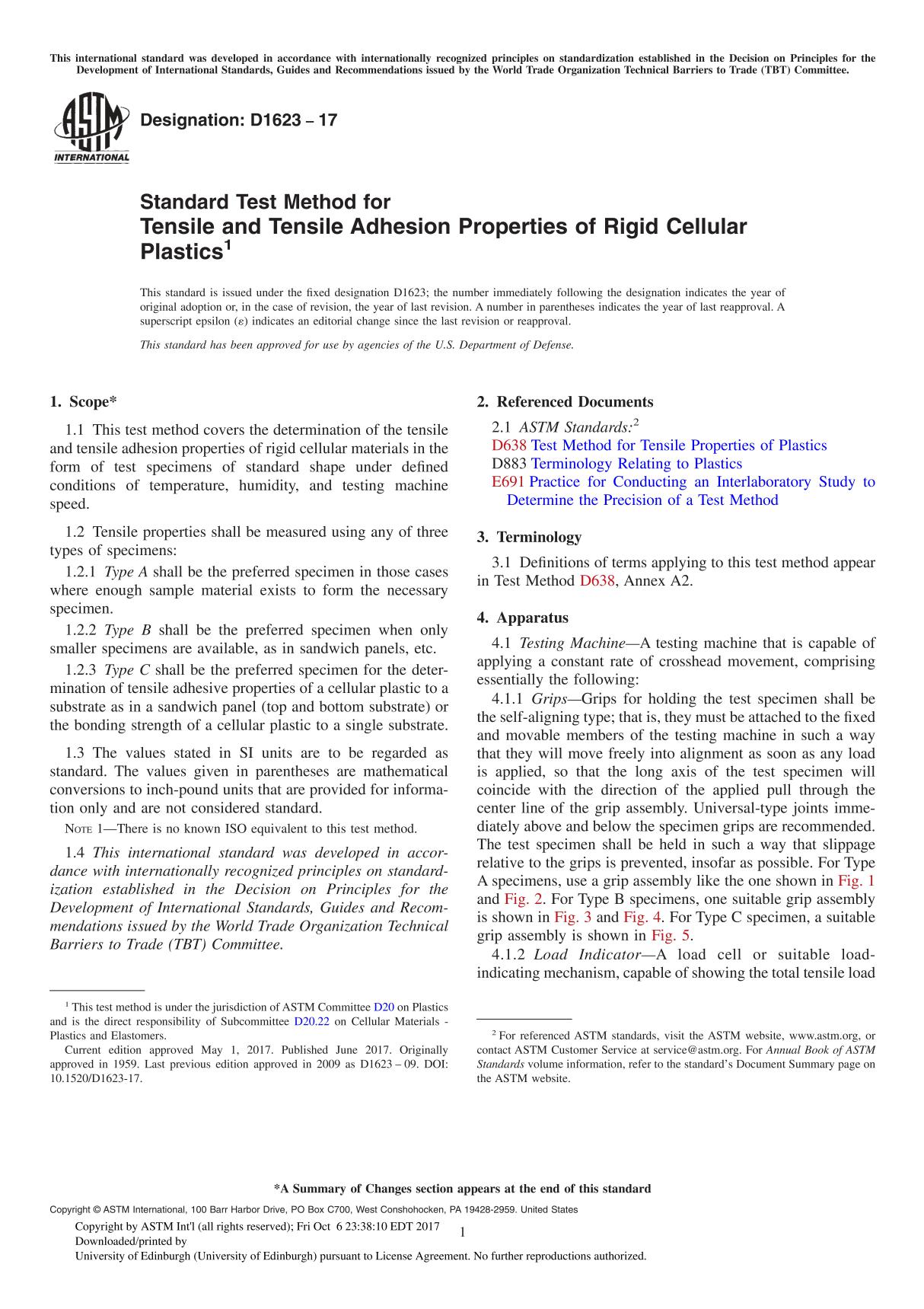 ASTM D1623-17 Standard Test Method for Tensile and Tensile Adhesion Properties of Rigid Cellular Plastic