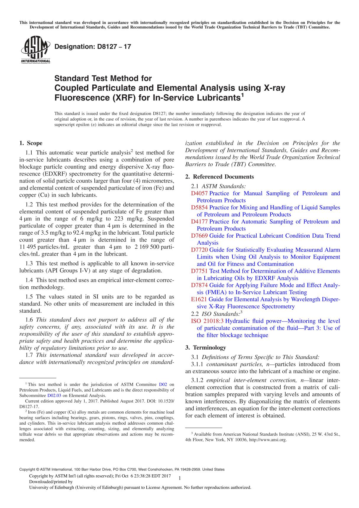 ASTM D8127-17 Standard Test Method for Coupled Particulate and Elemental Analysis using X-ray Fluorescence (XRF) for In-Service