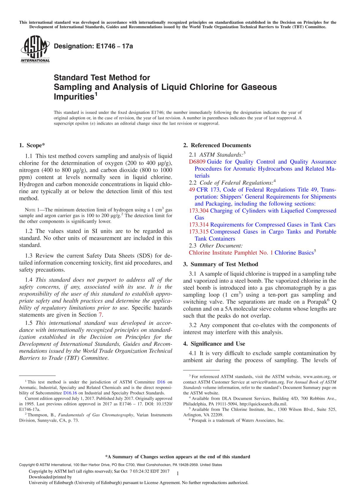 ASTM E1746-17a Standard Test Method for Sampling and Analysis of Liquid Chlorine for Gaseous Impuritie