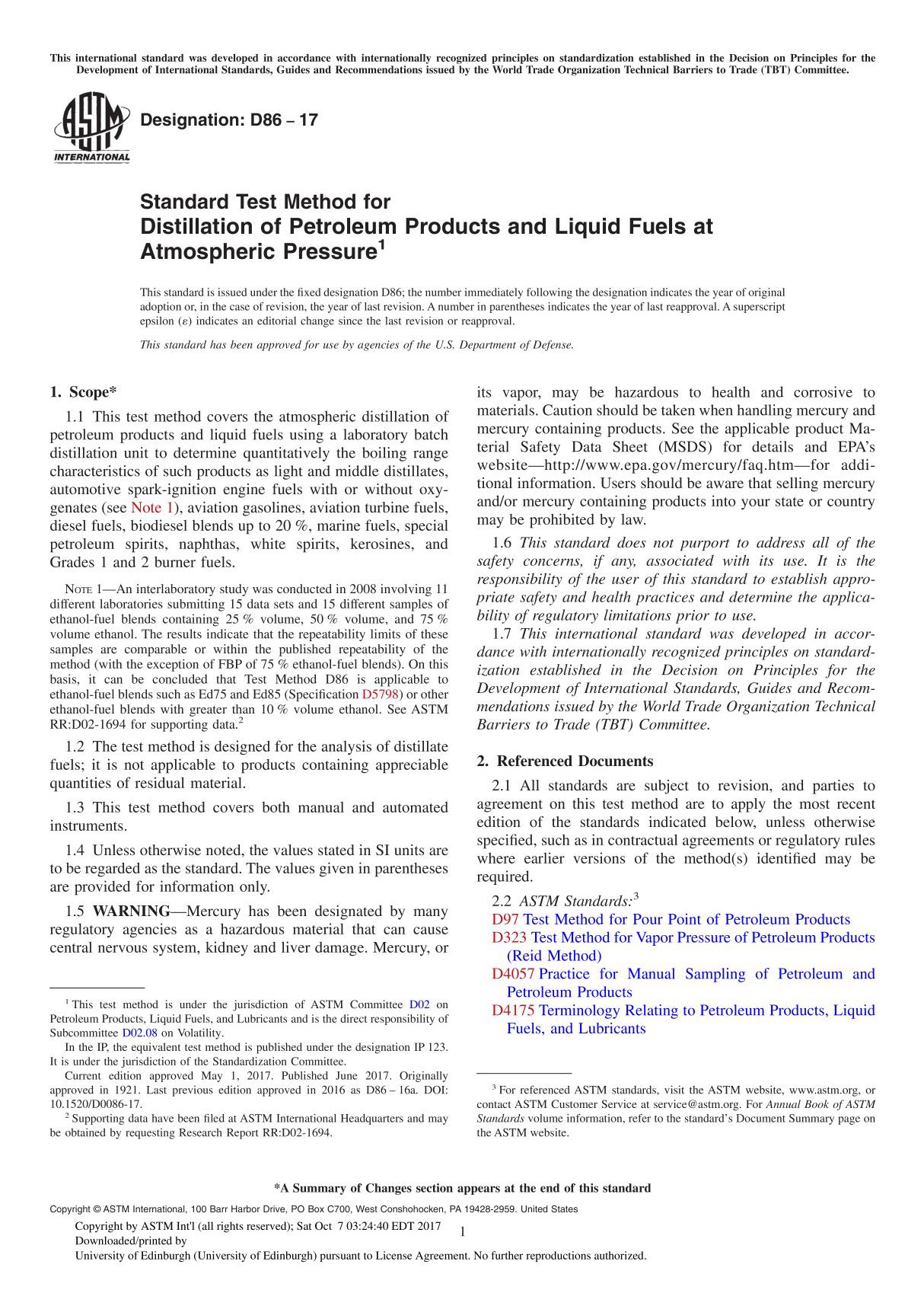 ASTM D86-17 Standard Test Method for Distillation of Petroleum Products and Liquid Fuels at Atmospheric Pressure