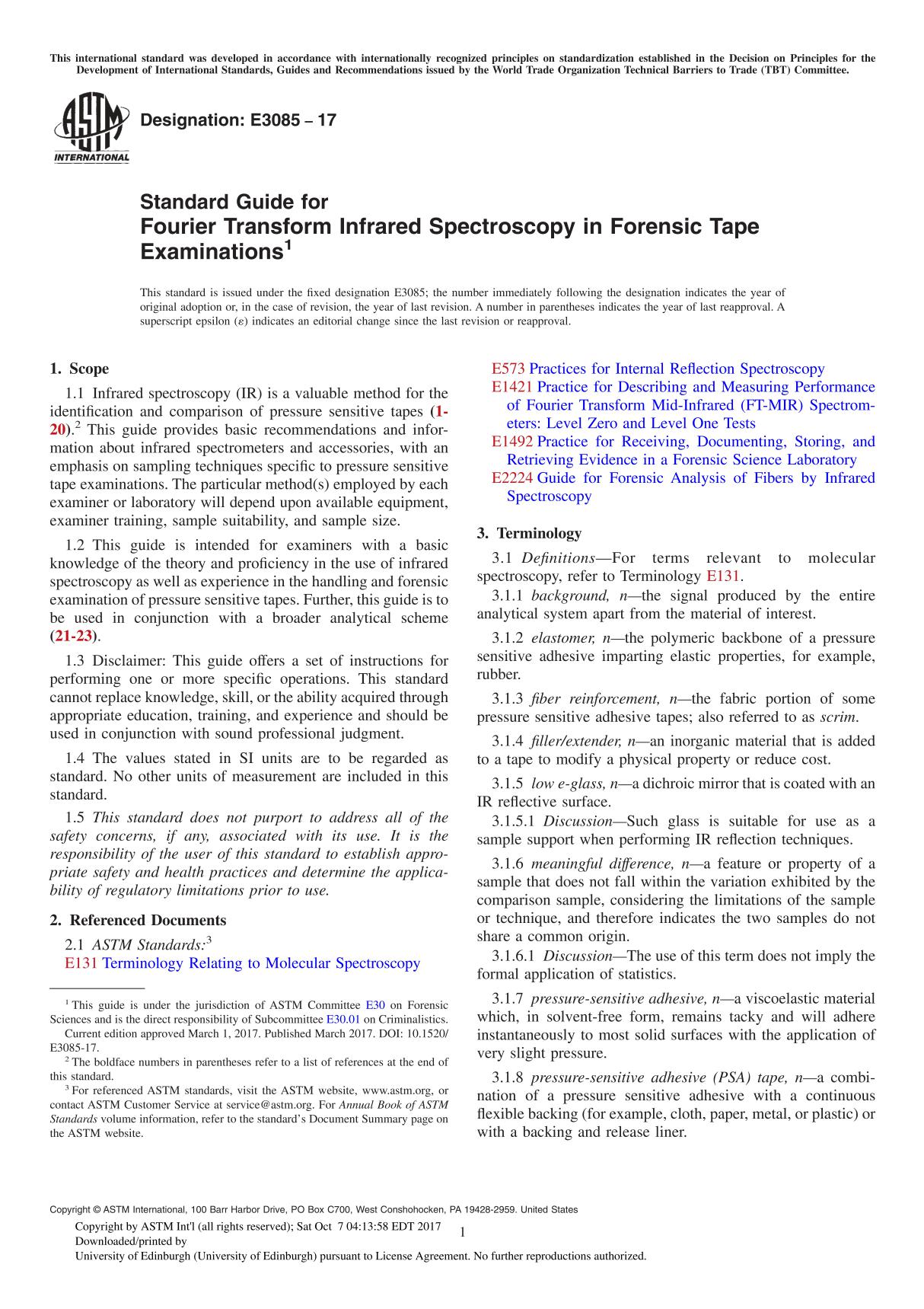 ASTM E3085-17 Standard Guide for Fourier Transform Infrared Spectroscopy in Forensic Tape Examination