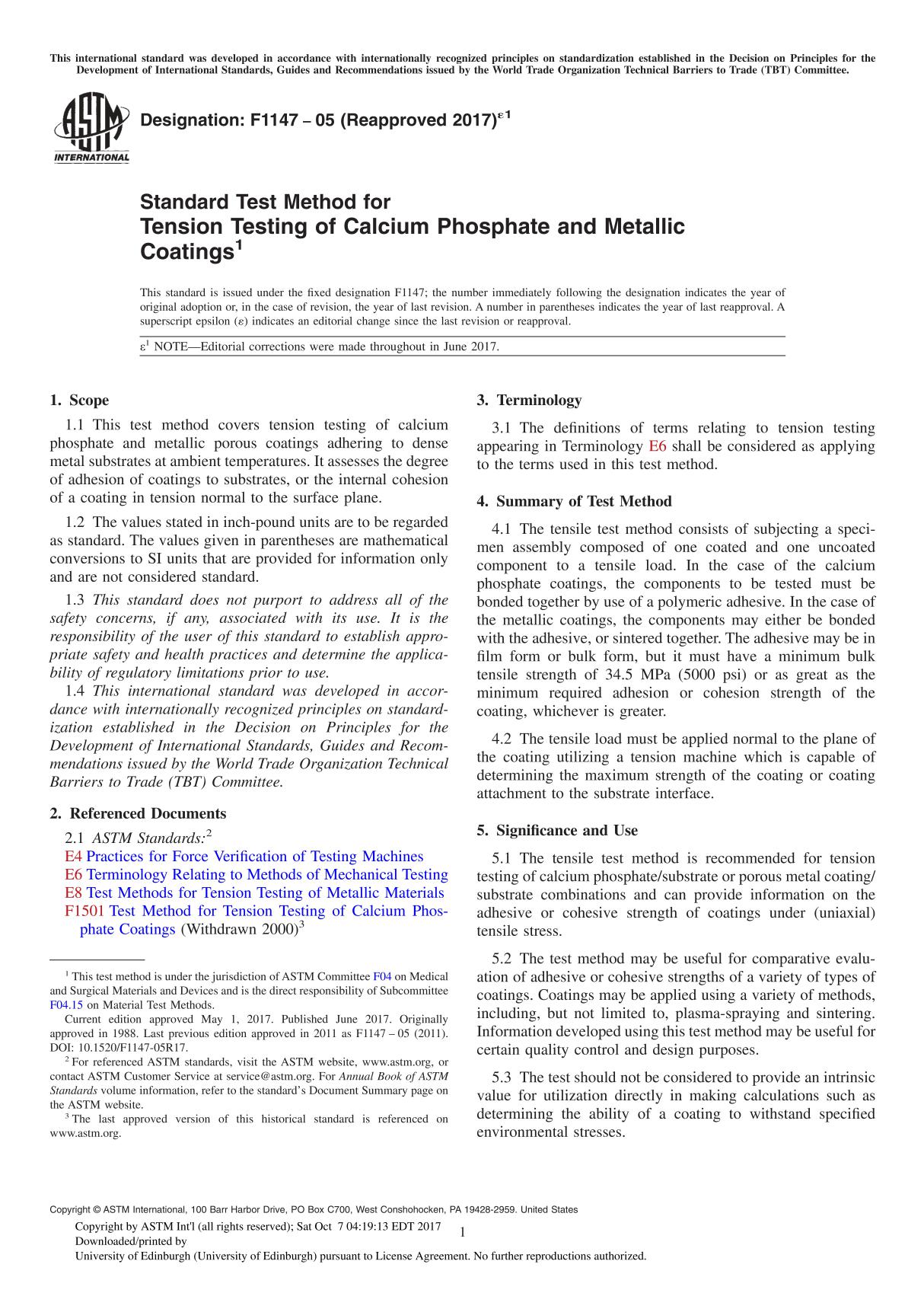 ASTM F1147-05(2017)e1 Standard Test Method for Tension Testing of Calcium Phosphate and Metallic Coating