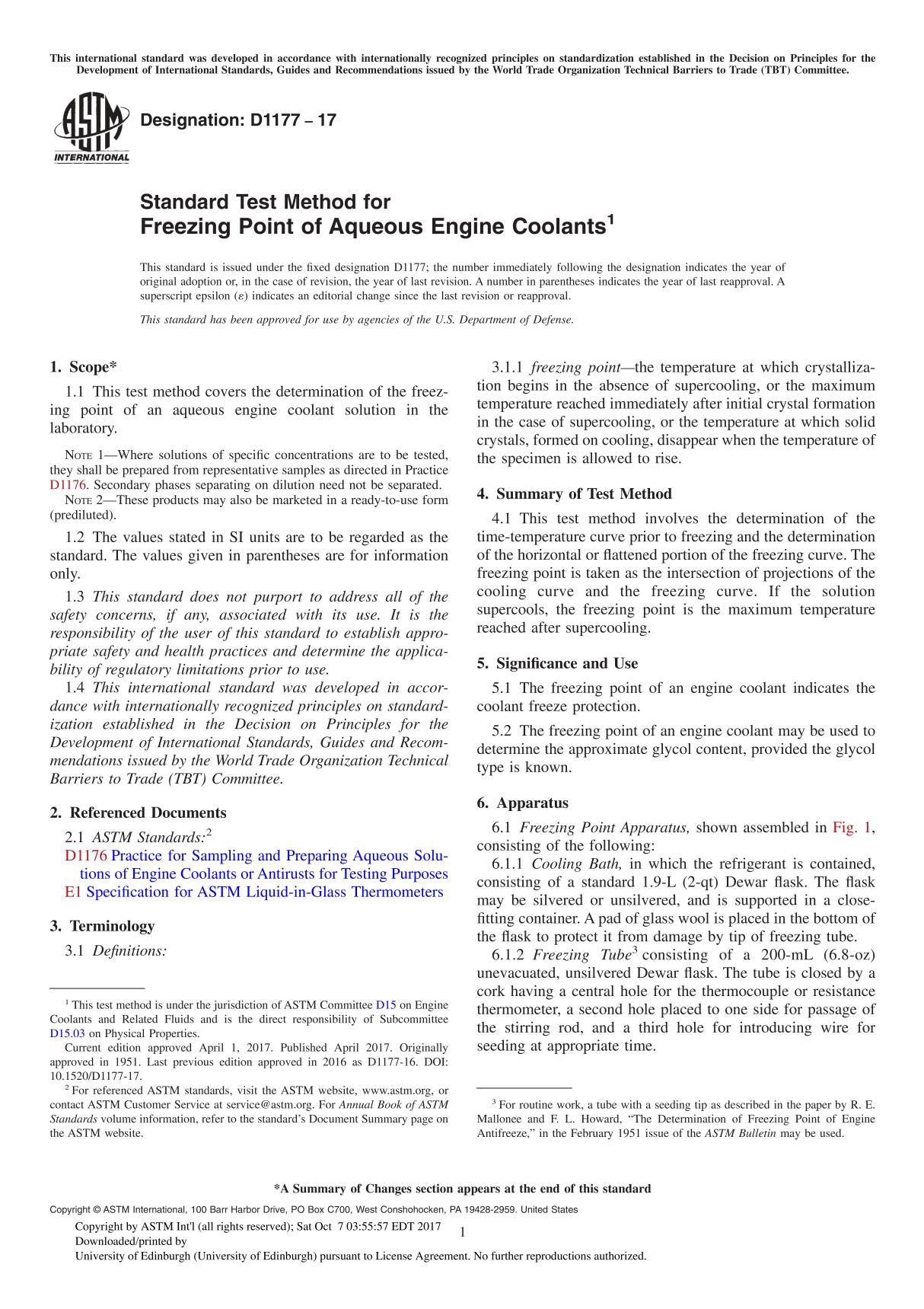 ASTM D1177-17 Standard Test Method for Freezing Point of Aqueous Engine Coolant