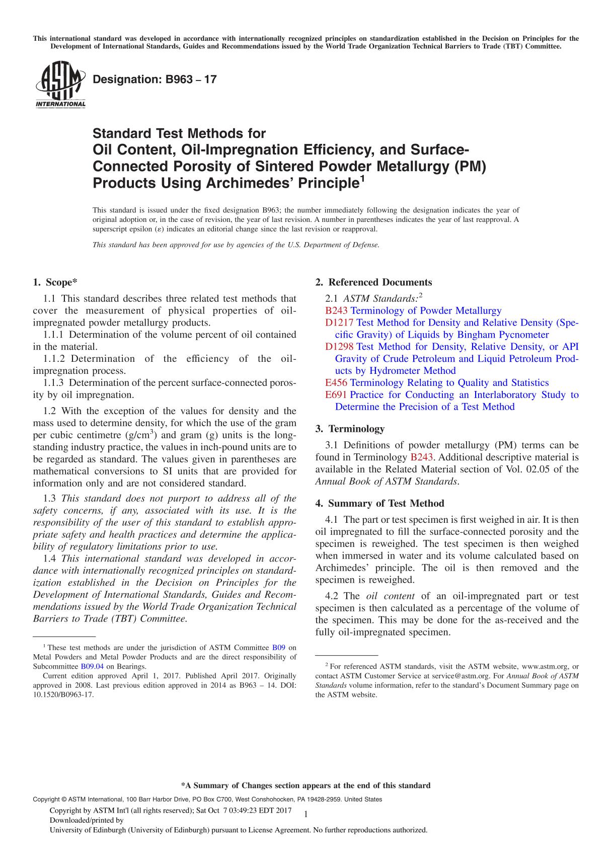 ASTM B963-17 Standard Test Methods for Oil Content, Oil-Impregnation Efficiency, and Surface-Connected Porosity of Sintered Powd