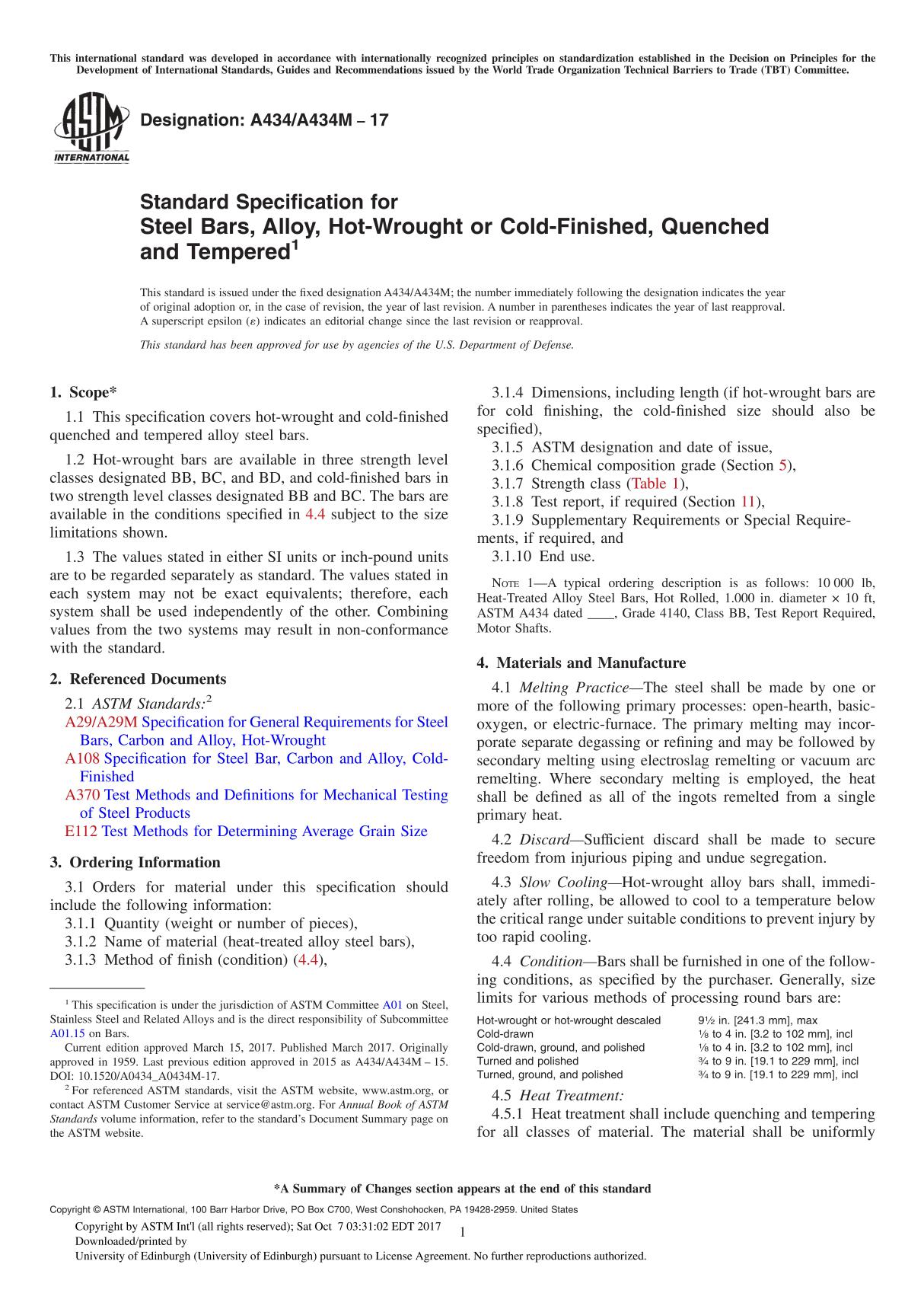 ASTM A434A434M-17 Standard Specification for Steel Bars, Alloy, Hot-Wrought or Cold-Finished, Quenched and Tempered