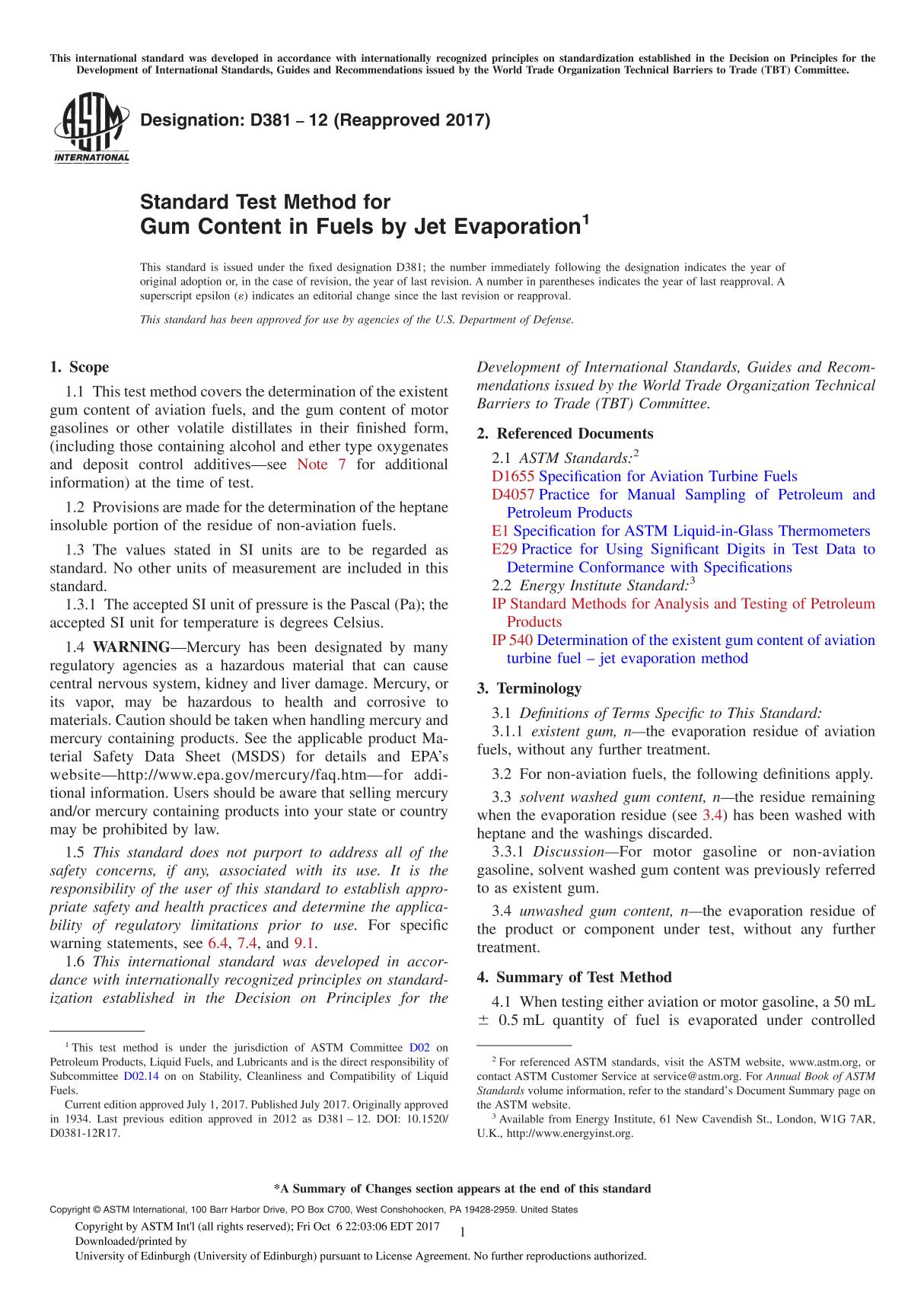 ASTM D381-12(2017) Standard Test Method for Gum Content in Fuels by Jet Evaporation