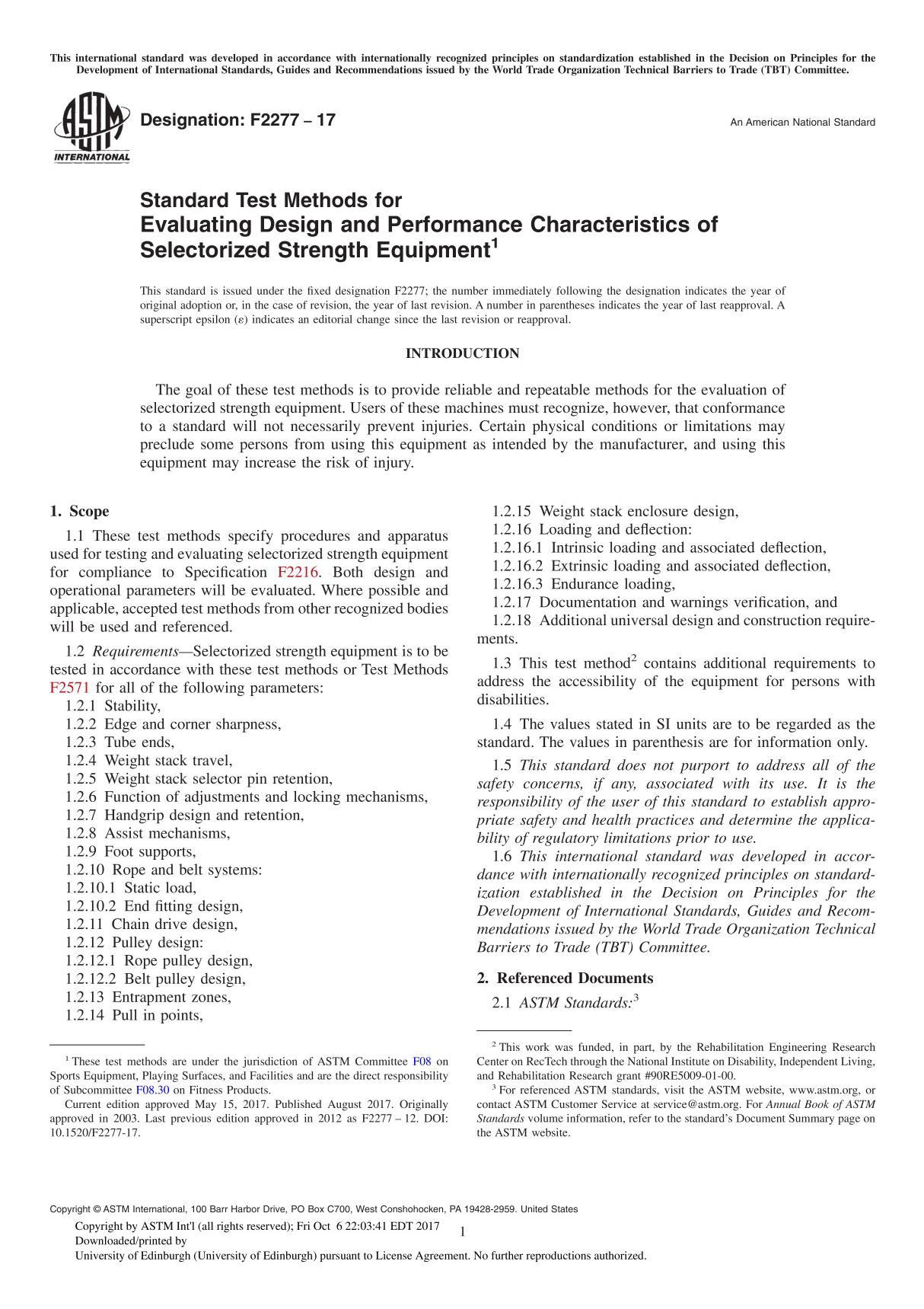 ASTM F2277-17 Standard Test Methods for Evaluating Design and Performance Characteristics of Selectorized Strength Equipment