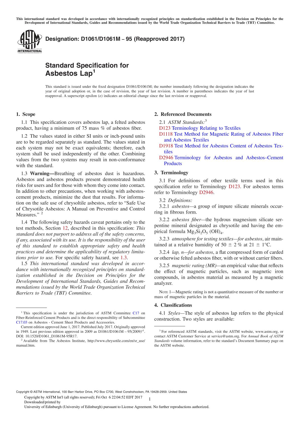 ASTM D1061 D1061M-95(2017) Standard Specification for Asbestos Lap