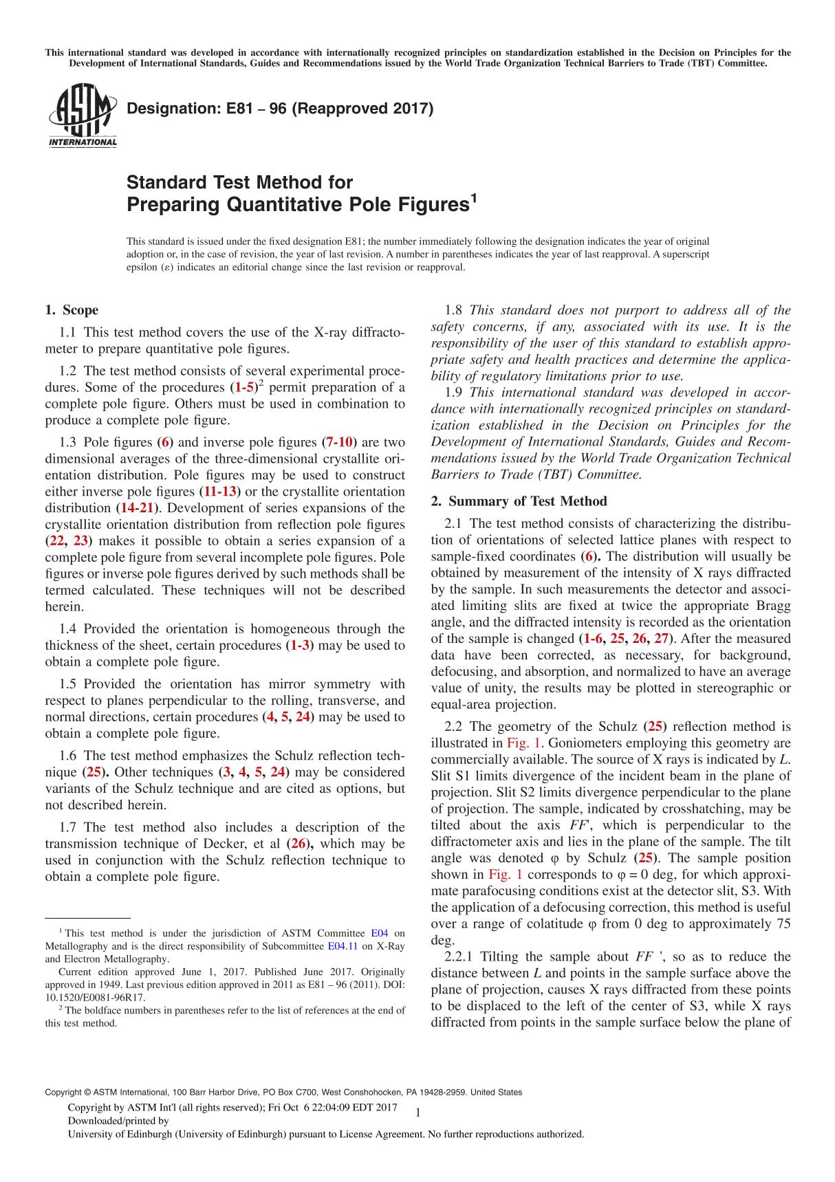 ASTM E81-96(2017) Standard Test Method for Preparing Quantitative Pole Figure