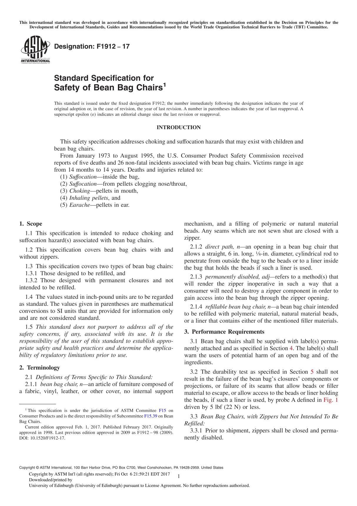 ASTM F1912-17 Standard Specification for Safety of Bean Bag Chair