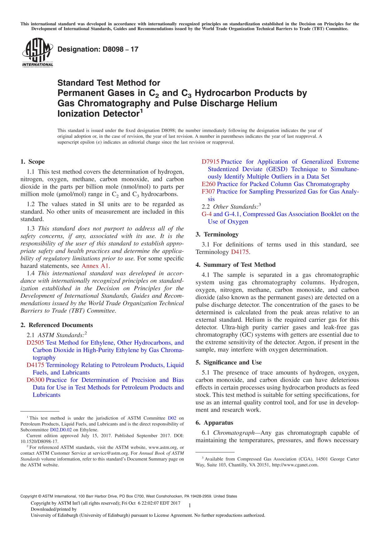 ASTM D8098-17 Standard Test Method for Permanent Gases in C2 and C3 Hydrocarbon Products by Gas Chromatography and Pulse Dischar