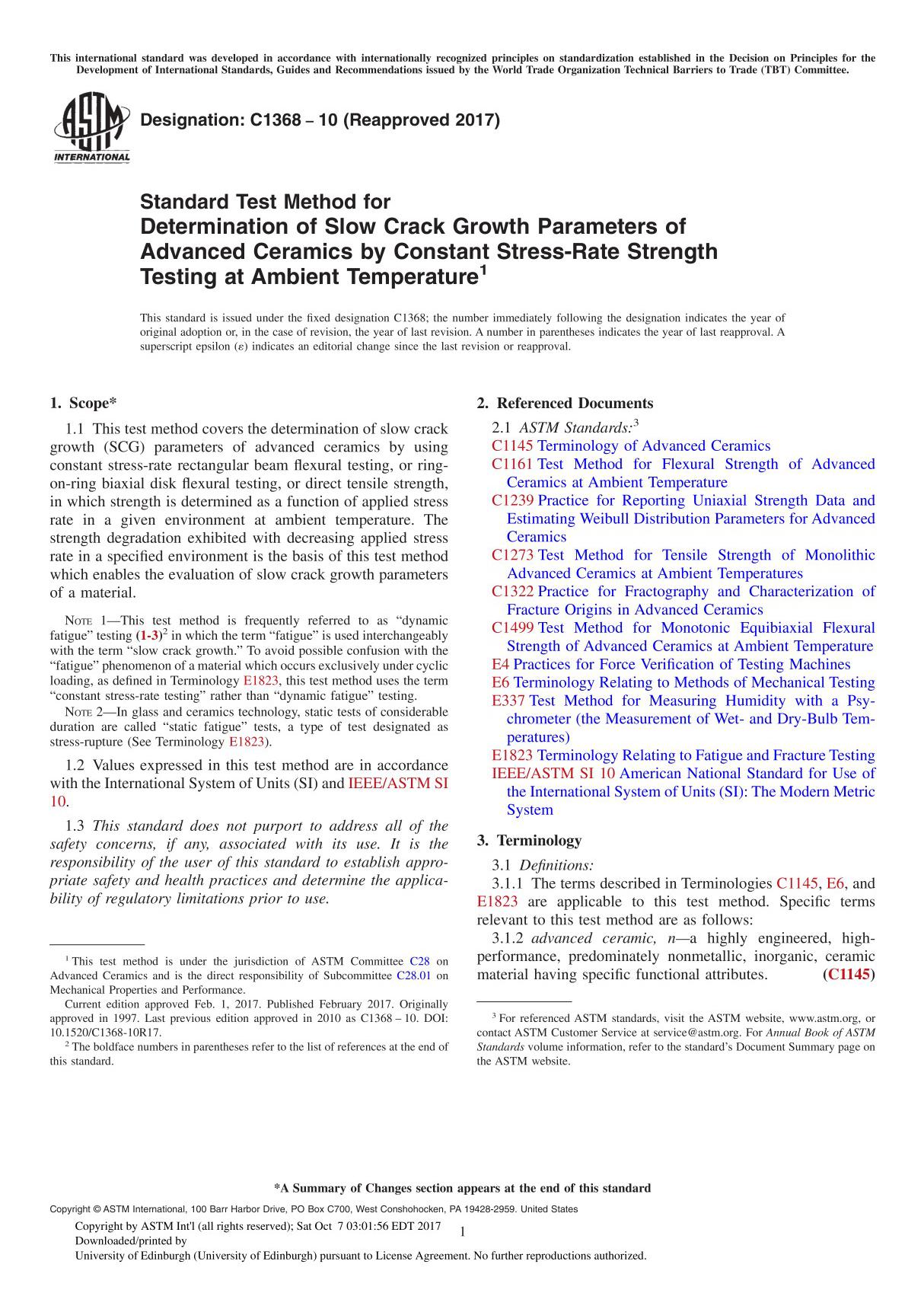 ASTM C1368-10(2017) Standard Test Method for Determination of Slow Crack Growth Parameters of Advanced Ceramics by Constant Stre