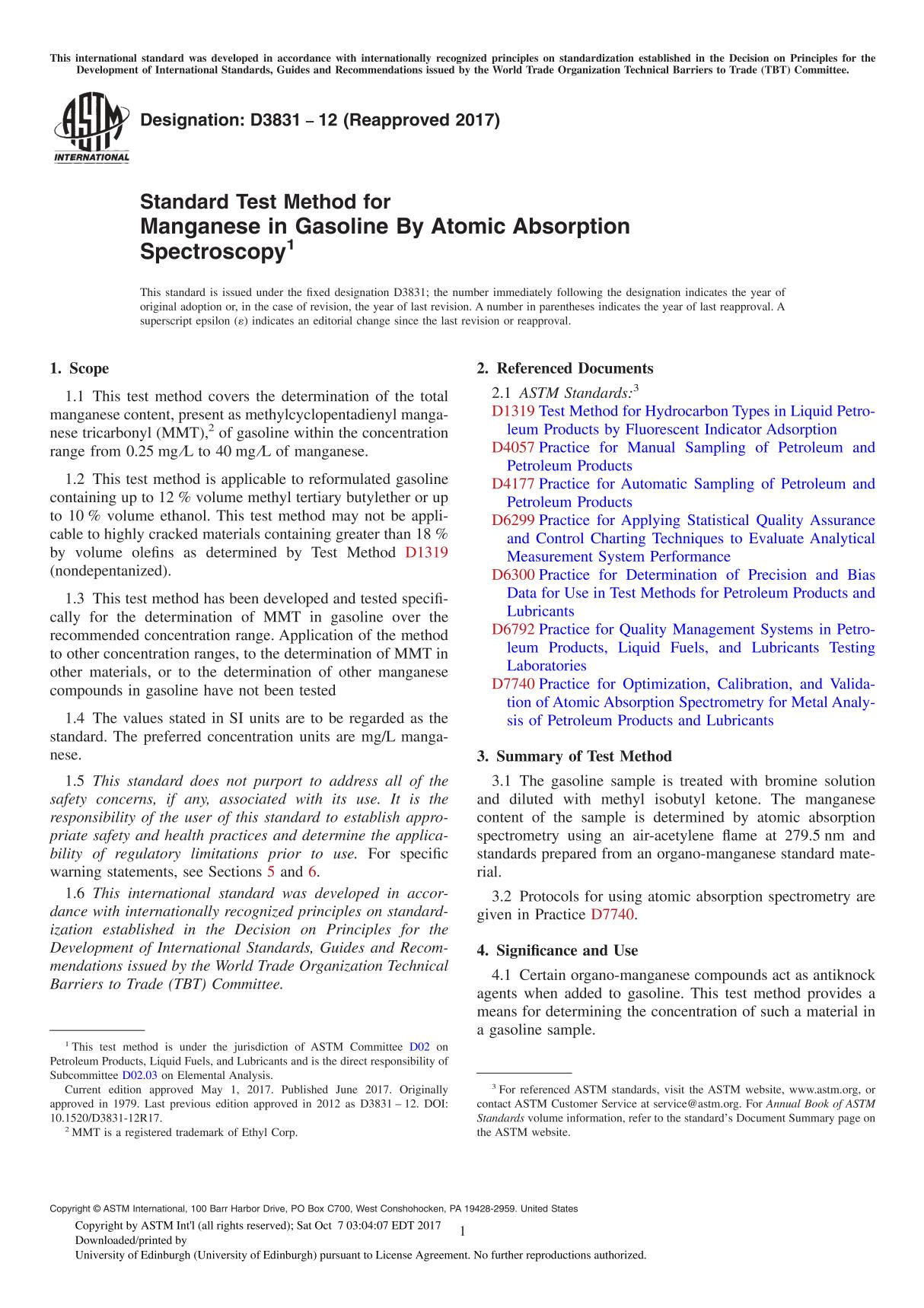 ASTM D3831-12(2017) Standard Test Method for Manganese in Gasoline By Atomic Absorption Spectroscopy