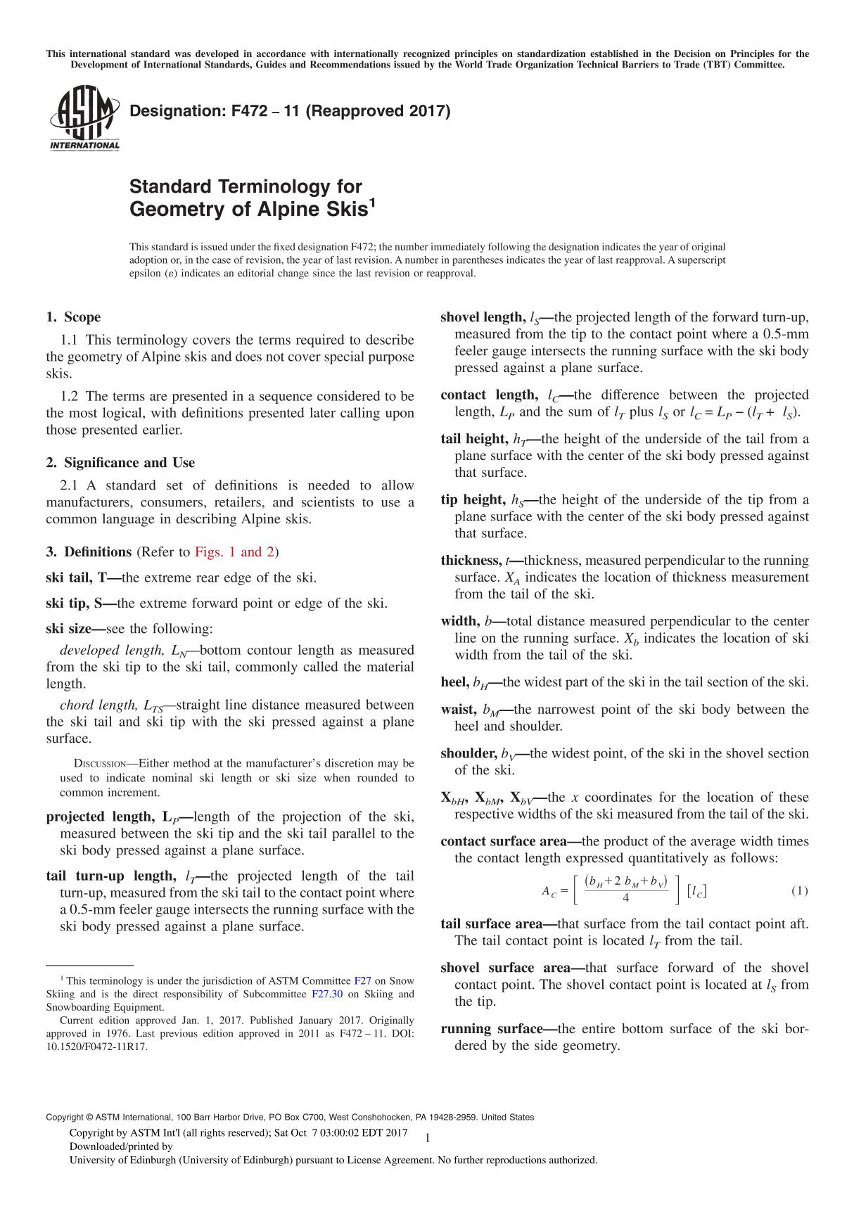 ASTM F472-11(2017) Standard Terminology for Geometry of Alpine Ski