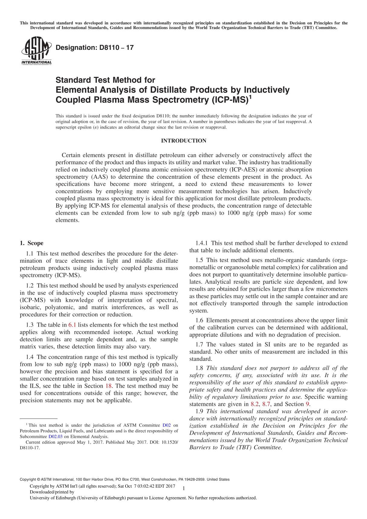 ASTM D8110-17 Standard Test Method for Elemental Analysis of Distillate Products by Inductively Coupled Plasma Mass Spectrometry