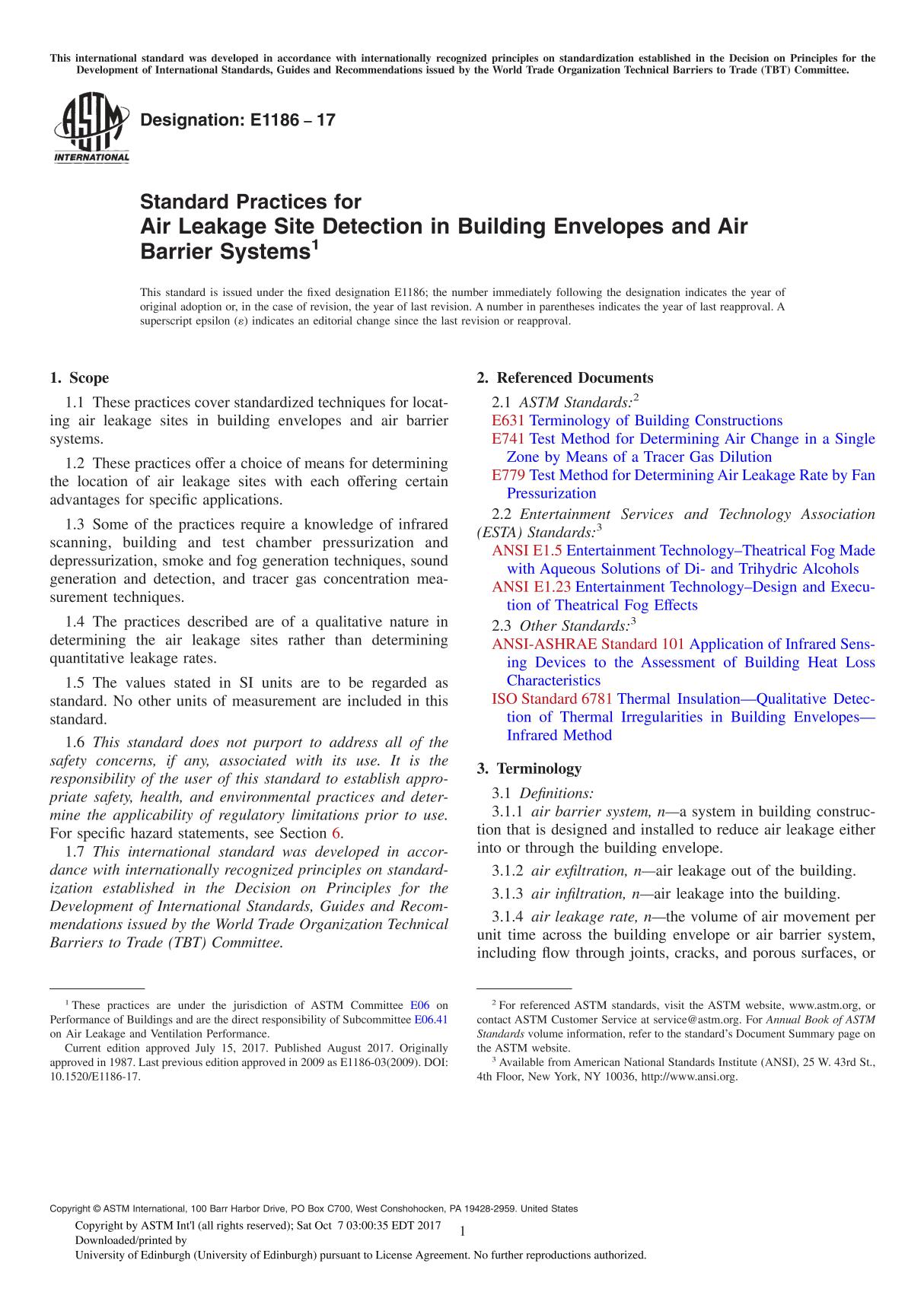 ASTM E1186-17 Standard Practices for Air Leakage Site Detection in Building Envelopes and Air Barrier System