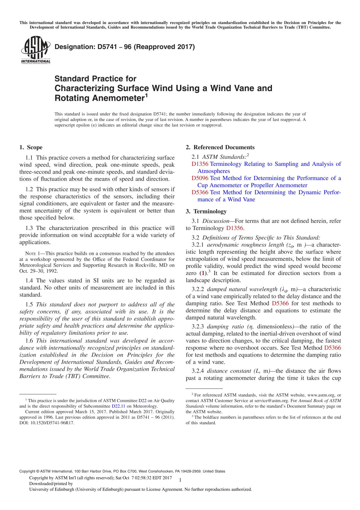 ASTM D5741-96(2017) Standard Practice for Characterizing Surface Wind Using a Wind Vane and Rotating Anemometer