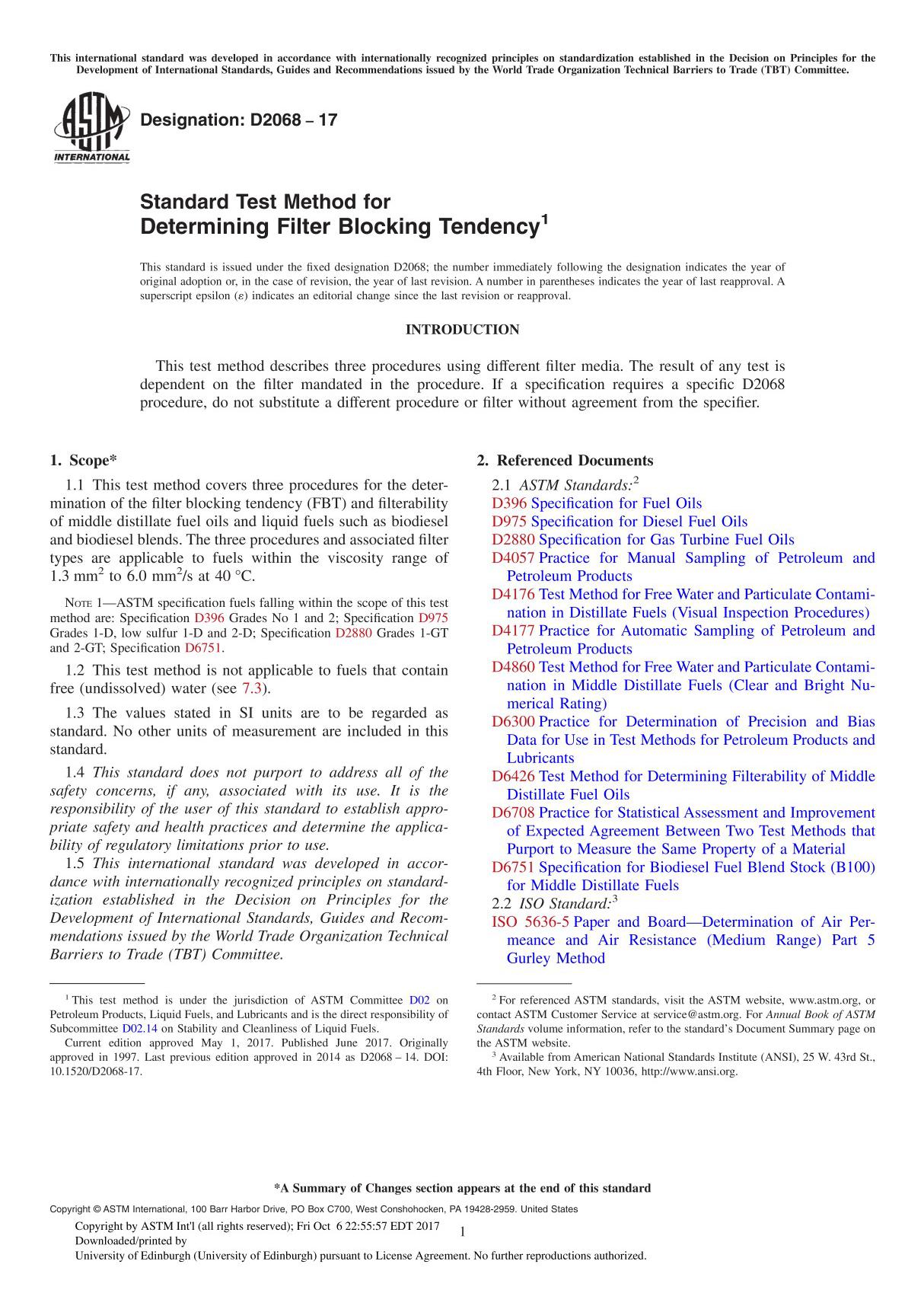 ASTM D2068-17 Standard Test Method for Determining Filter Blocking Tendency