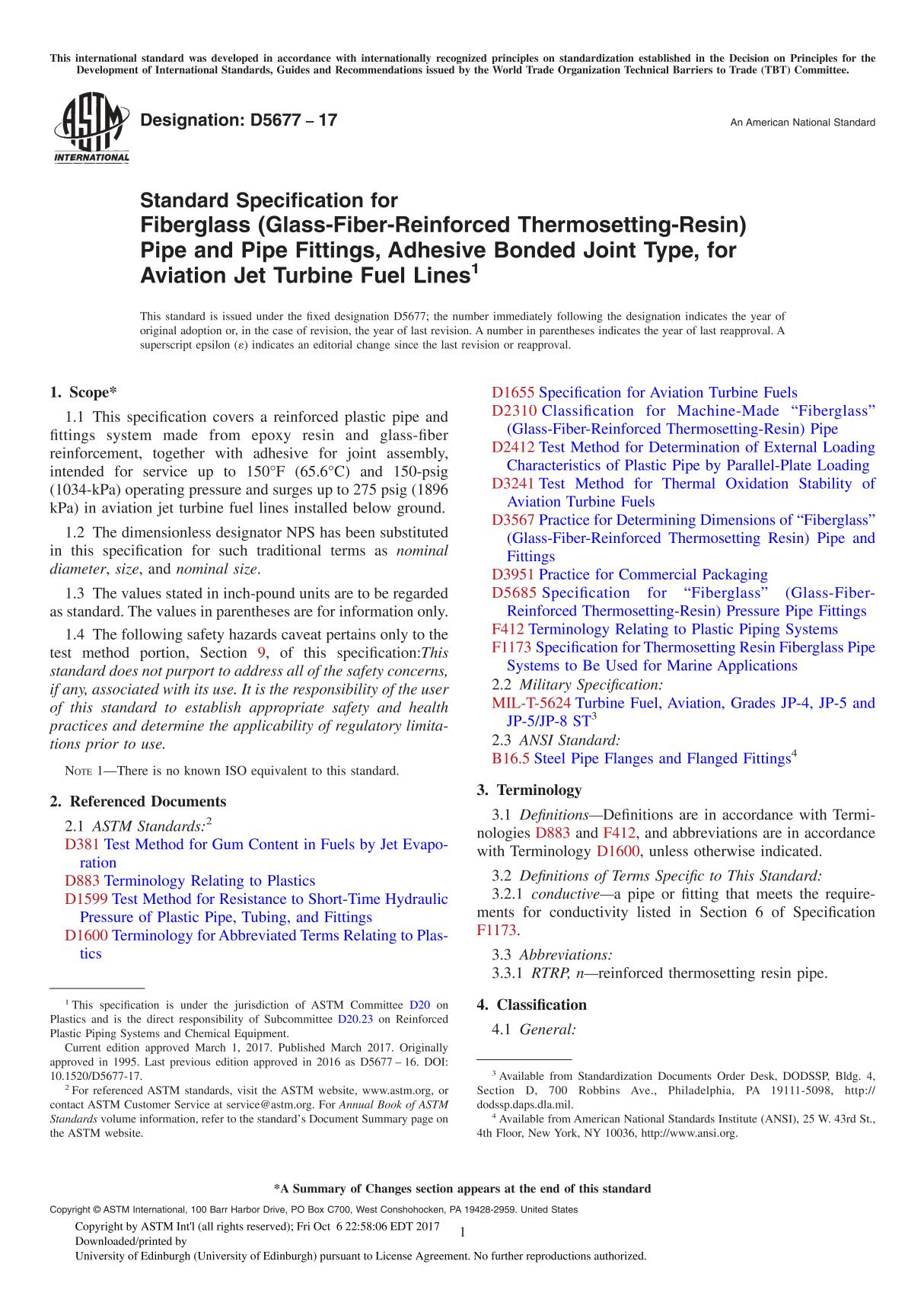 ASTM D5677-17 Standard Specification for Fiberglass (Glass-Fiber-Reinforced Thermosetting-Resin) Pipe and Pipe Fittings, Adhesiv