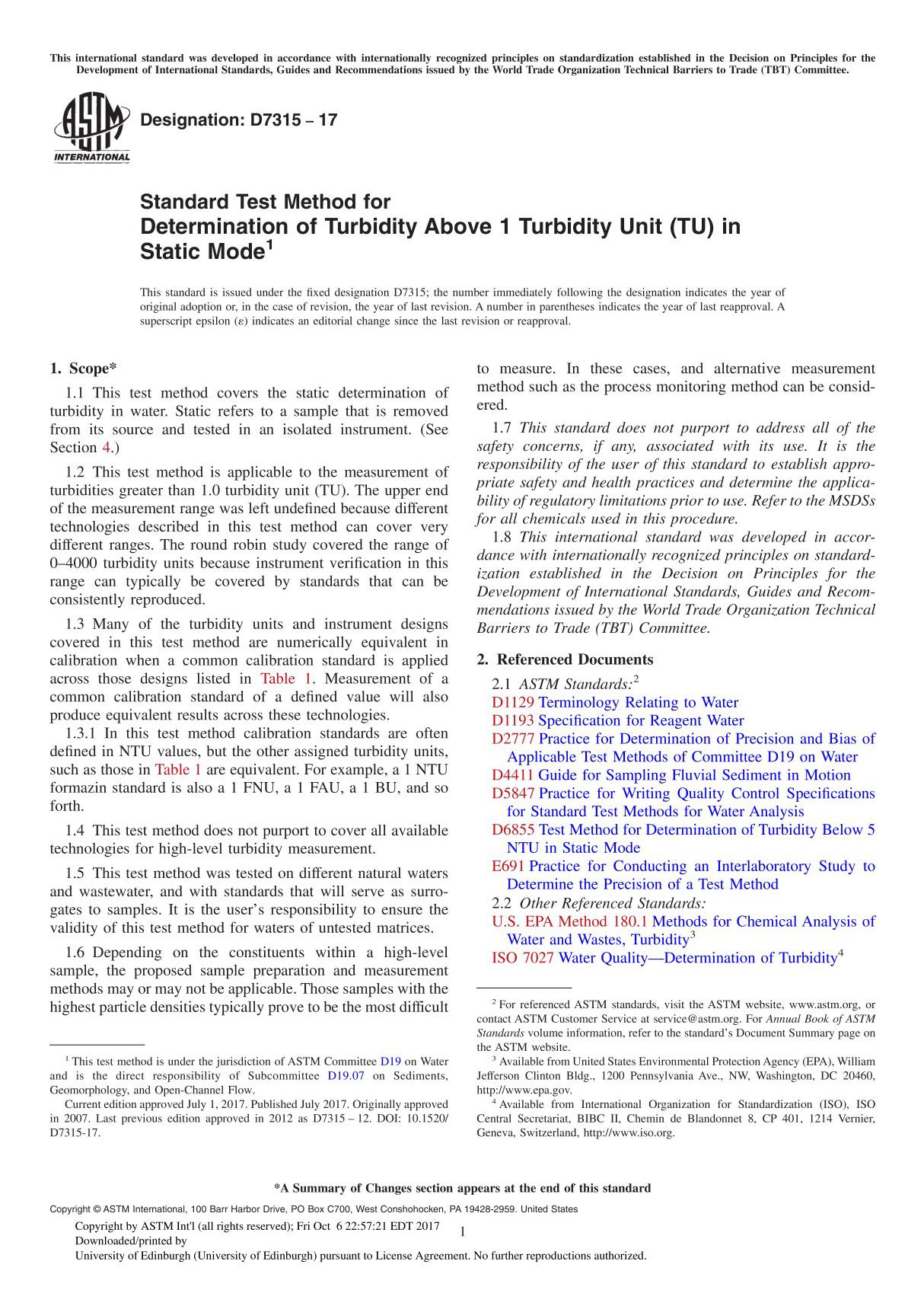 ASTM D7315-17 Standard Test Method for Determination of Turbidity Above 1 Turbidity Unit (TU) in Static Mode