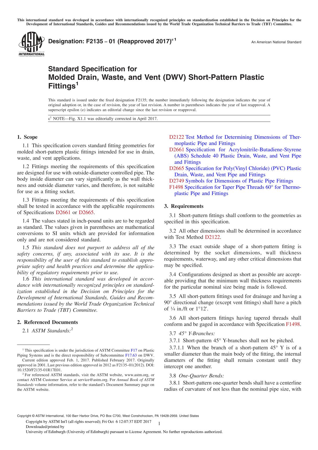 ASTM F2135-01(2017)e1 Standard Specification for Molded Drain, Waste, and Vent (DWV) Short-Pattern Plastic Fitting