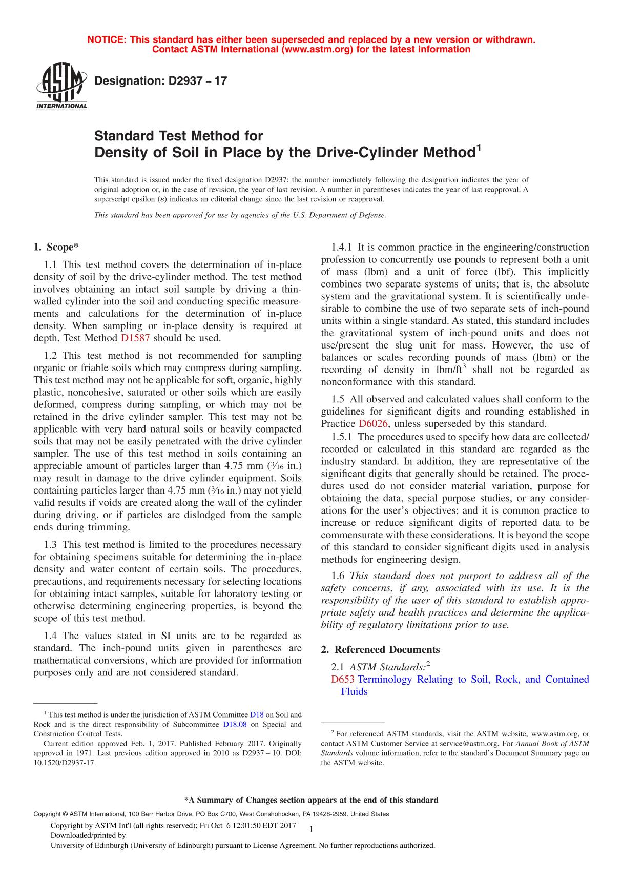 ASTM D2937 - 17 Standard Test Method for Density of Soil in Place by the Drive-Cylinder Method