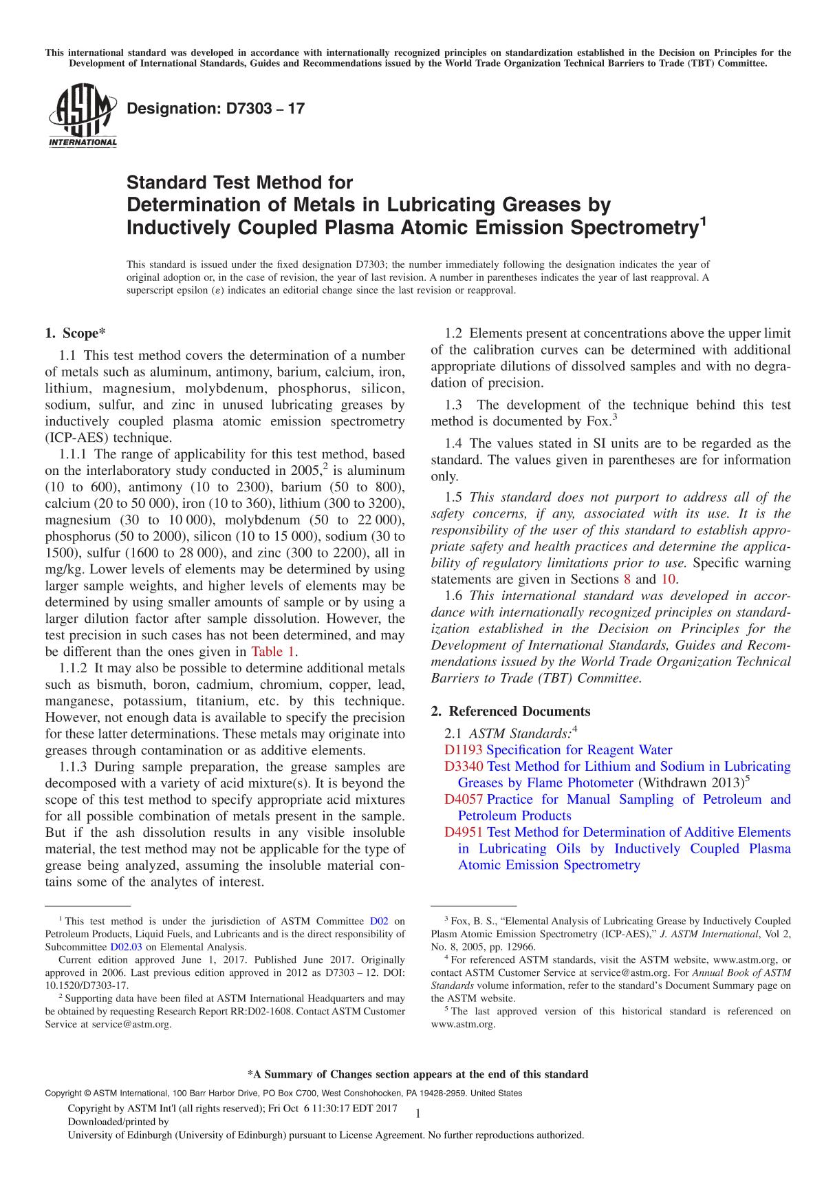 ASTM D7303-17 Standard Test Method for Determination of Metals in Lubricating Greases by Inductively Coupled Plasma Atomic Emi